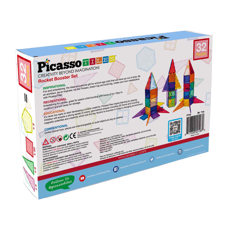 PicassoTiles Rocket Booster - Tuiles de construction magnétiques, 32 pièces.