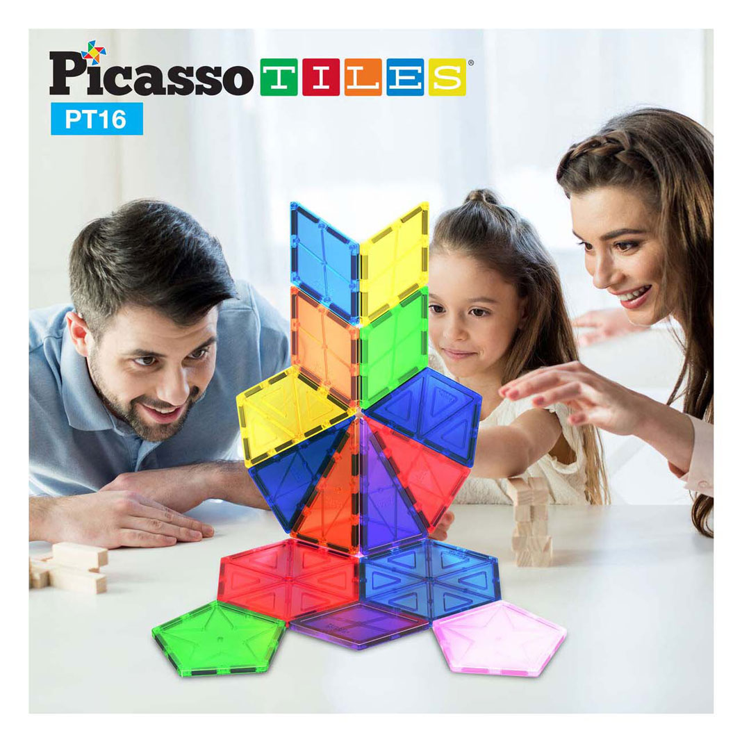 PicassoTiles Geometry - Tuiles de construction magnétiques, 16 pièces.