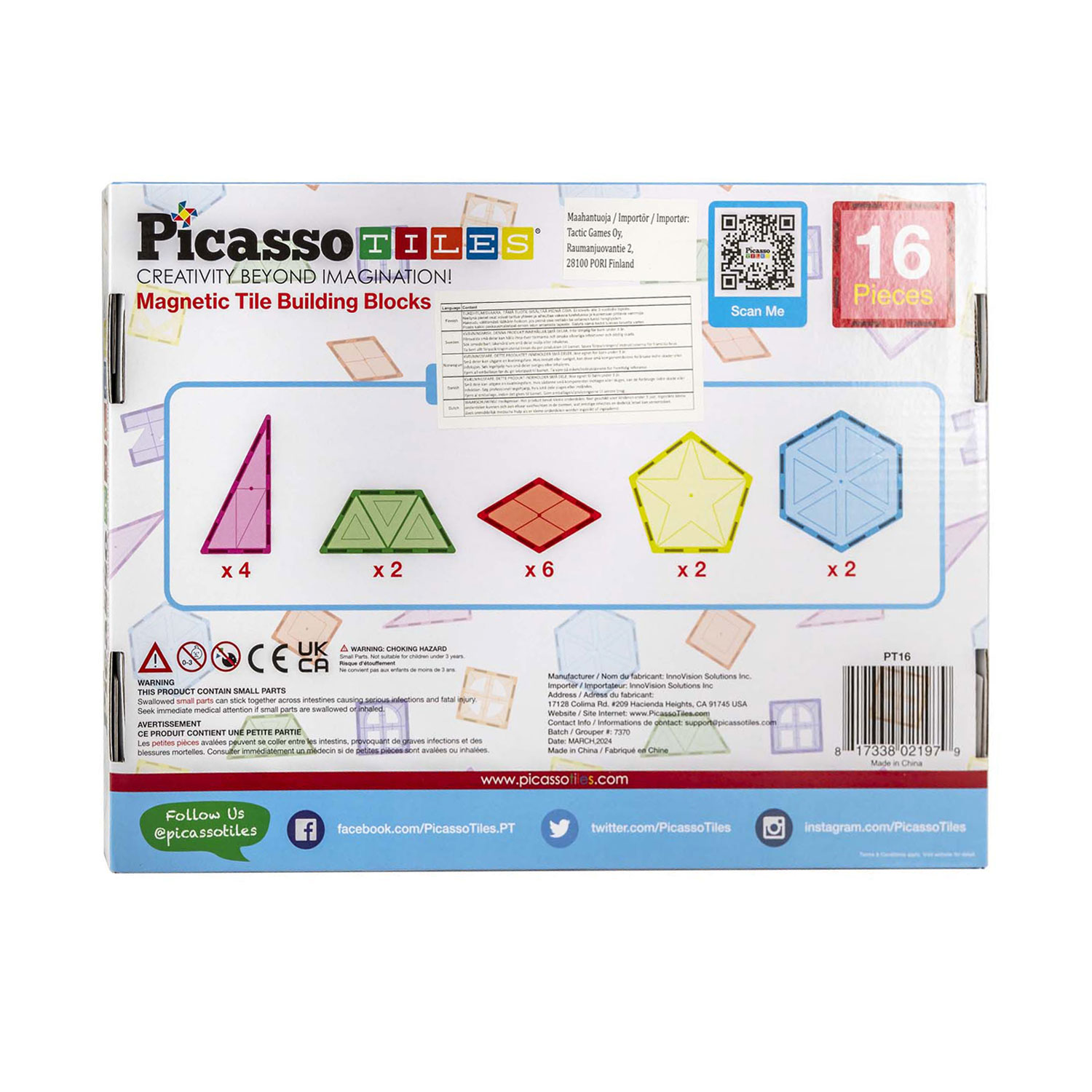 PicassoTiles Geometry - Tuiles de construction magnétiques, 16 pièces.