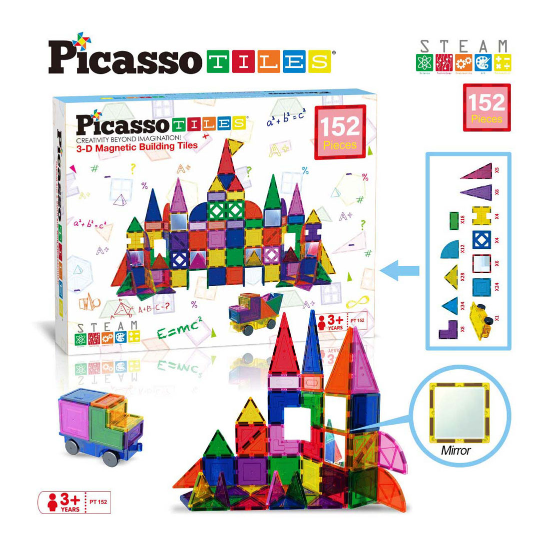 PicassoTiles Blocs et Miroirs - Tuiles de Construction Magnétiques, 152 pièces.
