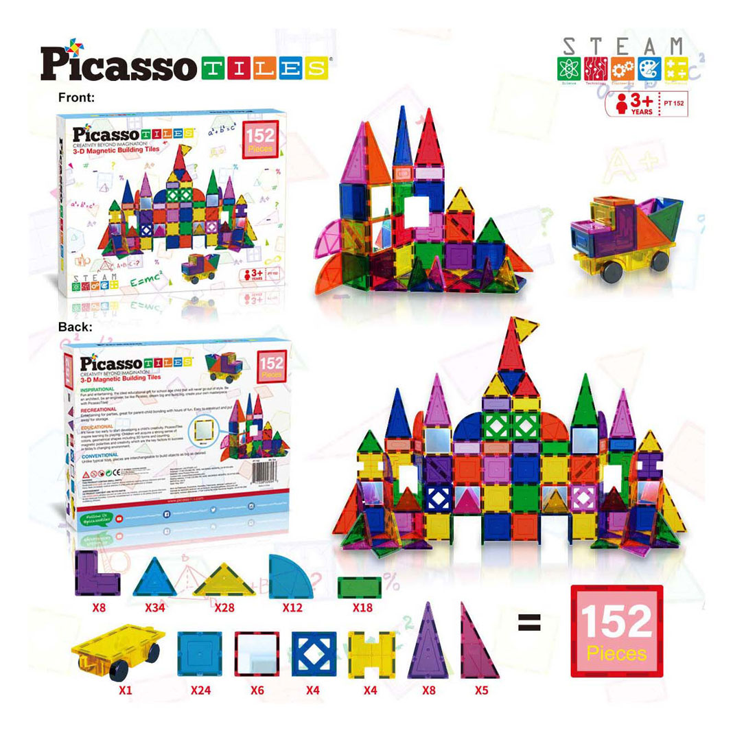 PicassoTiles Blocs et Miroirs - Tuiles de Construction Magnétiques, 152 pièces.