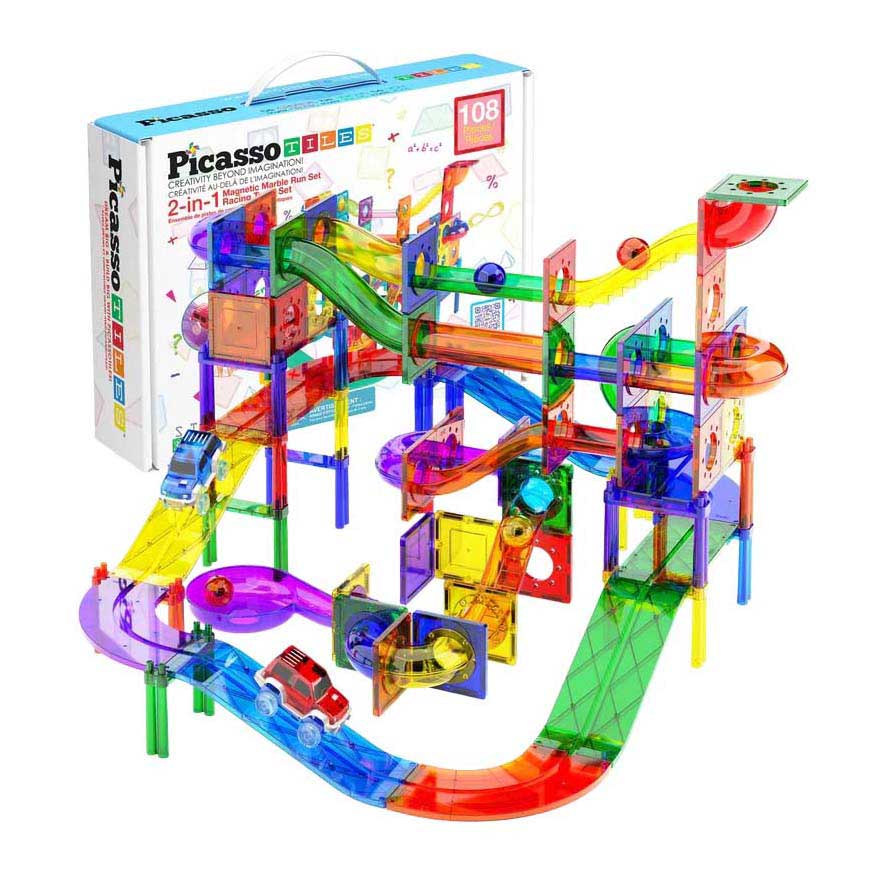 PicassoTiles Marble Run et Race Track - Tuiles de construction magnétiques - 108 pièces.