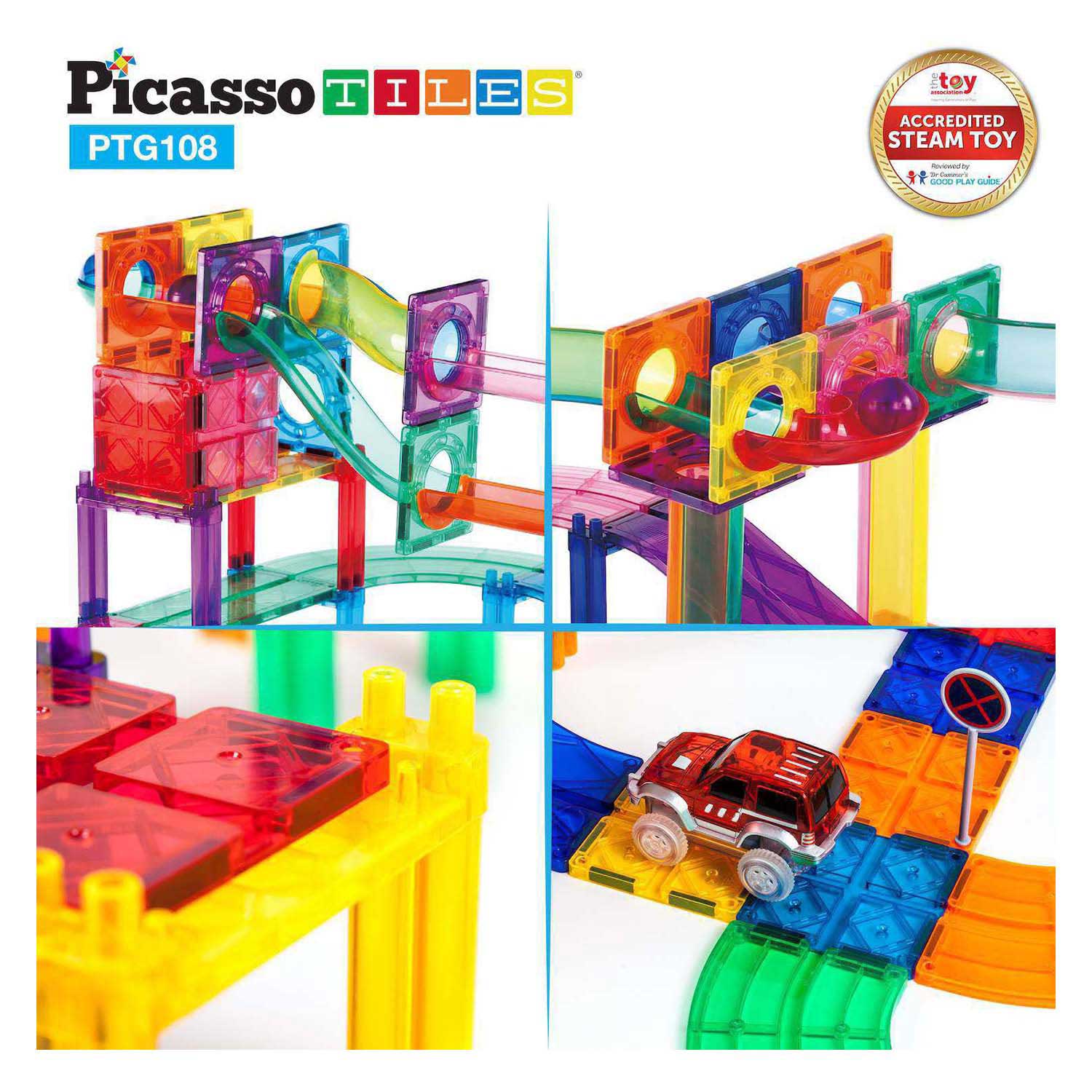 PicassoTiles Marble Run et Race Track - Tuiles de construction magnétiques - 108 pièces.