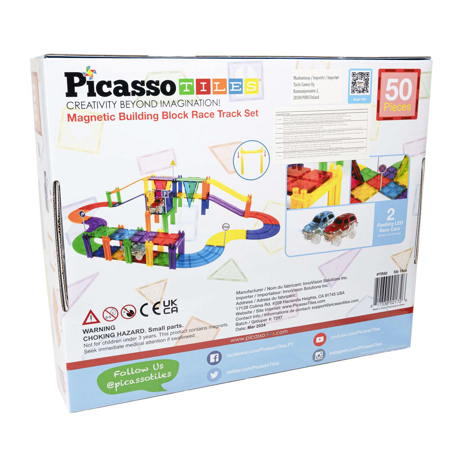 PicassoTiles Race Track - Tuiles de construction magnétiques, 50 pièces.