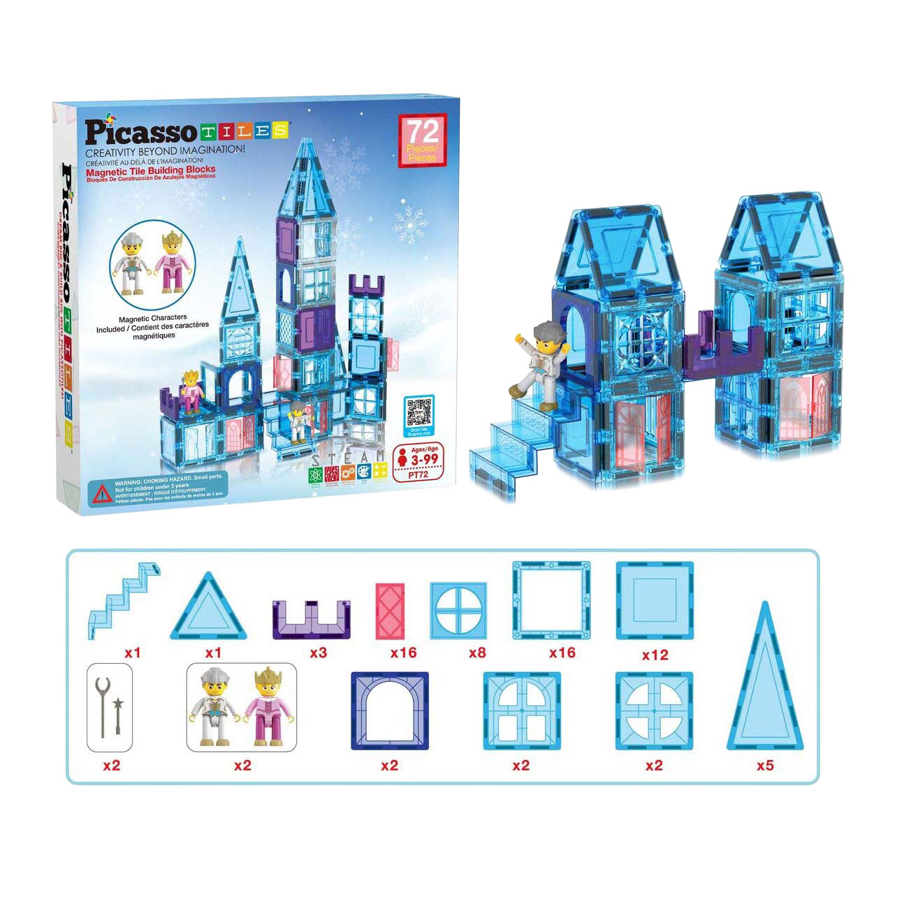 PicassoTiles Thème Hiver - Tuiles de Construction Magnétiques, 72 pièces.