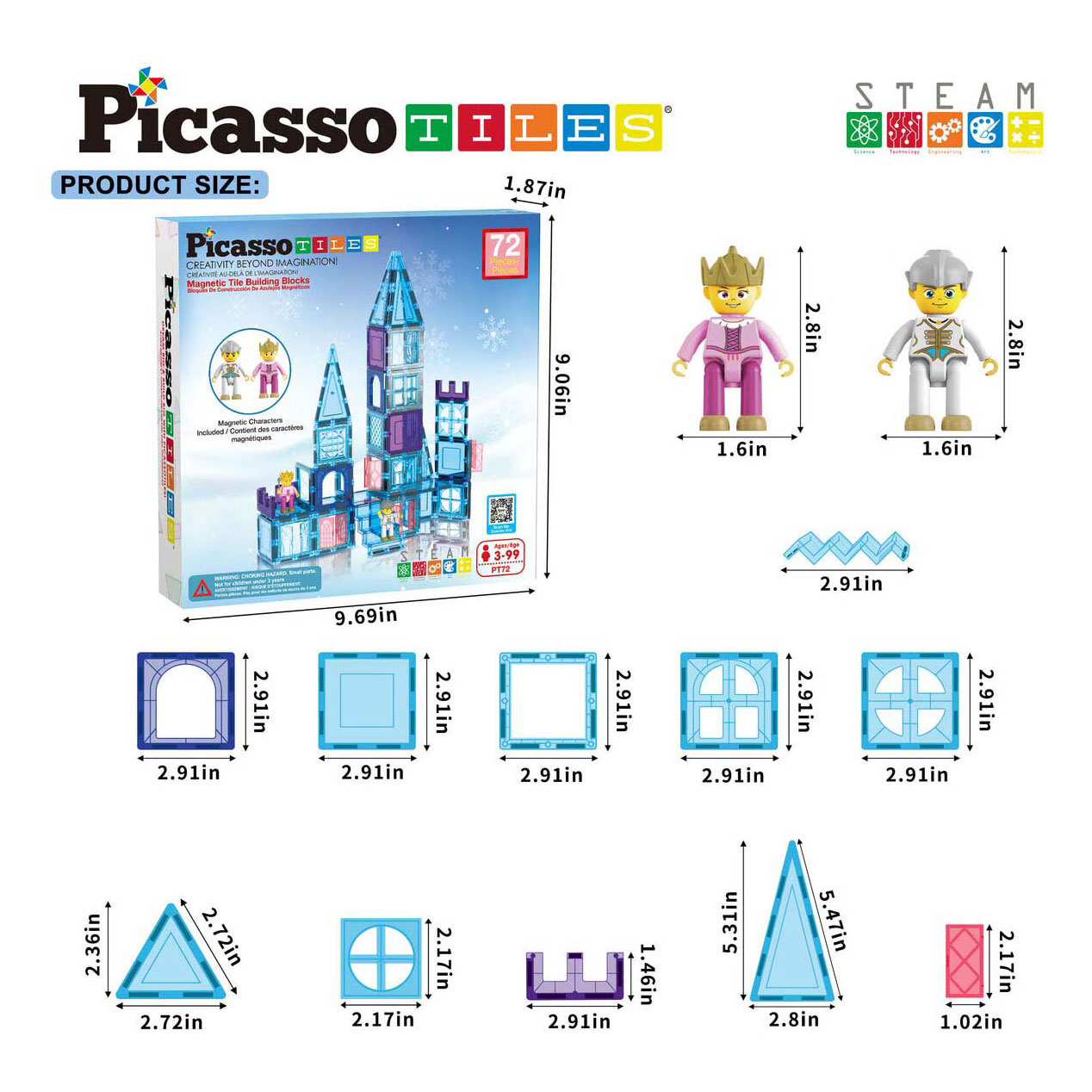 PicassoTiles Thème Hiver - Tuiles de Construction Magnétiques, 72 pièces.