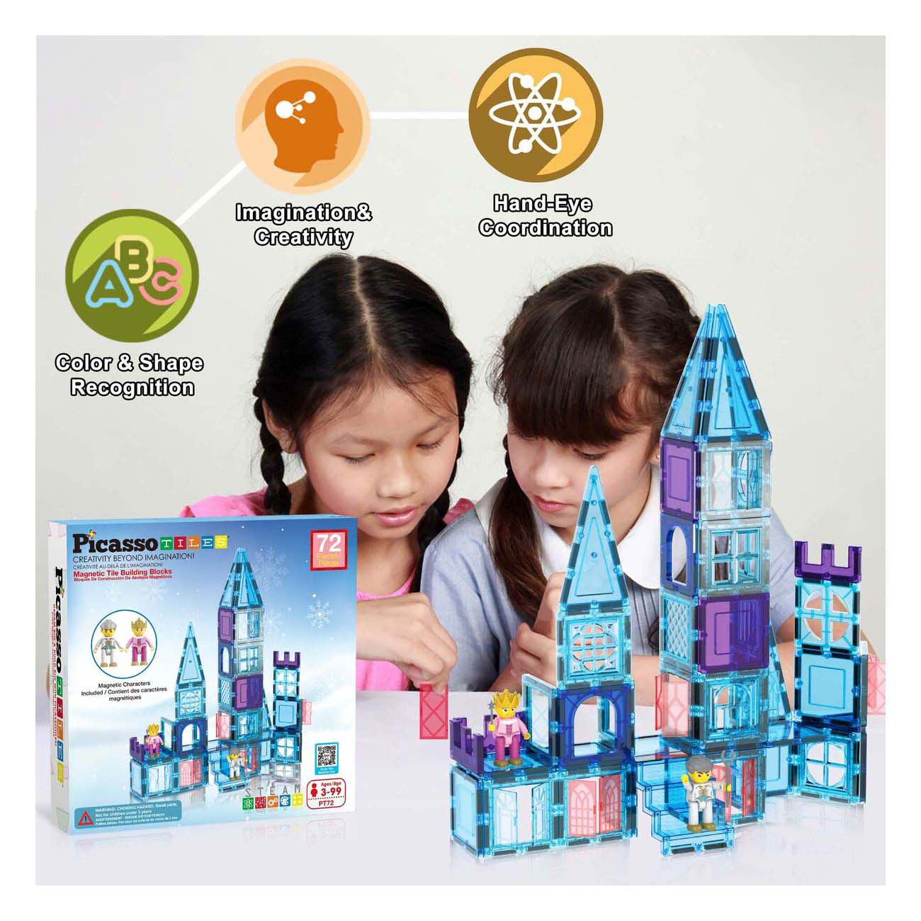 PicassoTiles Thème Hiver - Tuiles de Construction Magnétiques, 72 pièces.