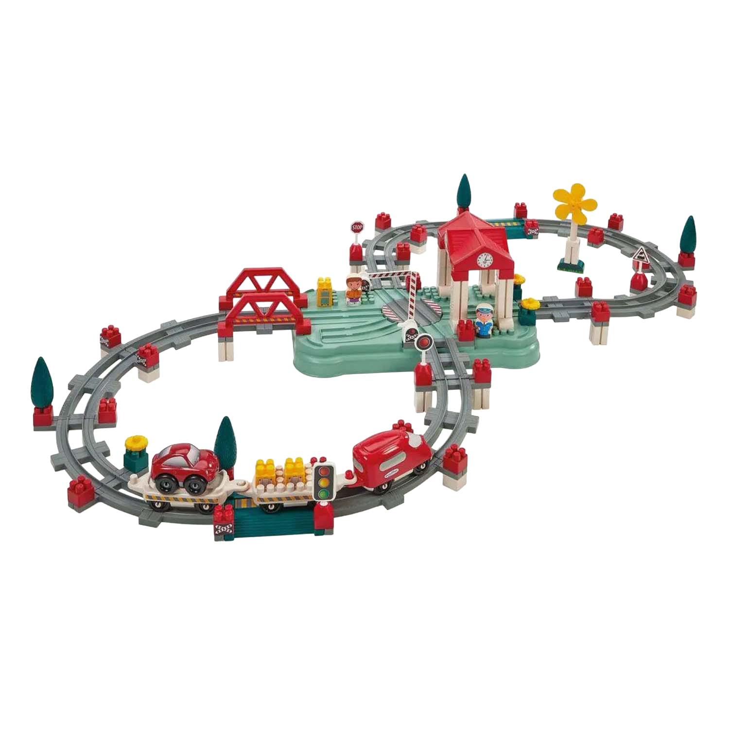 Ecoiffier Abrick – Bausatz Eisenbahnschienen, Bahnhof und Zubehör, 140-teilig.