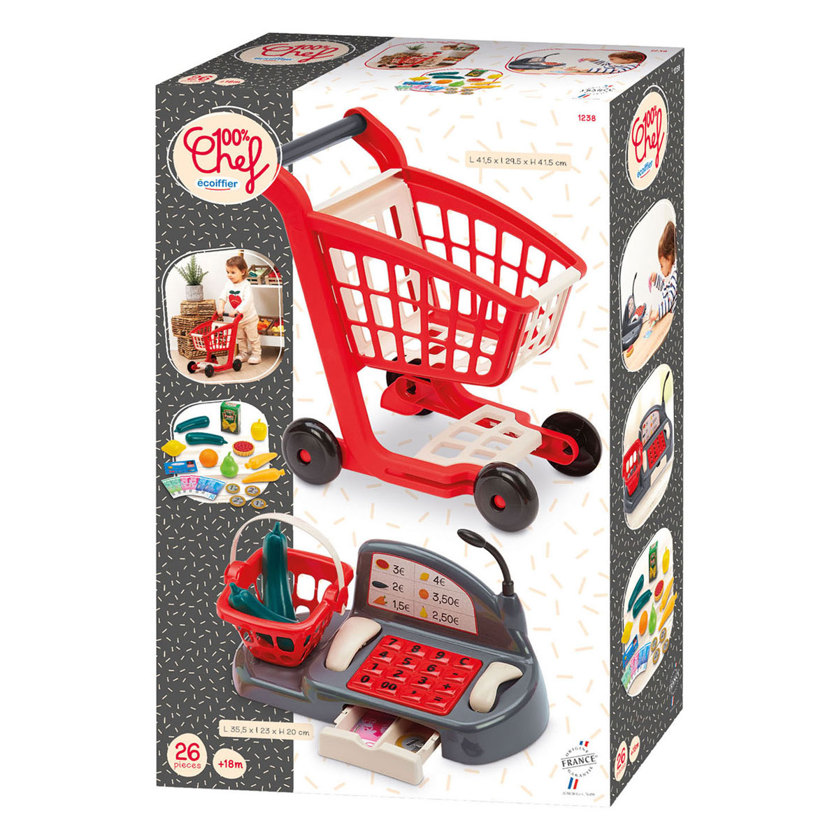Chariot de courses et caisse enregistreuse Ecoiffier remplis - 26 pièces.
