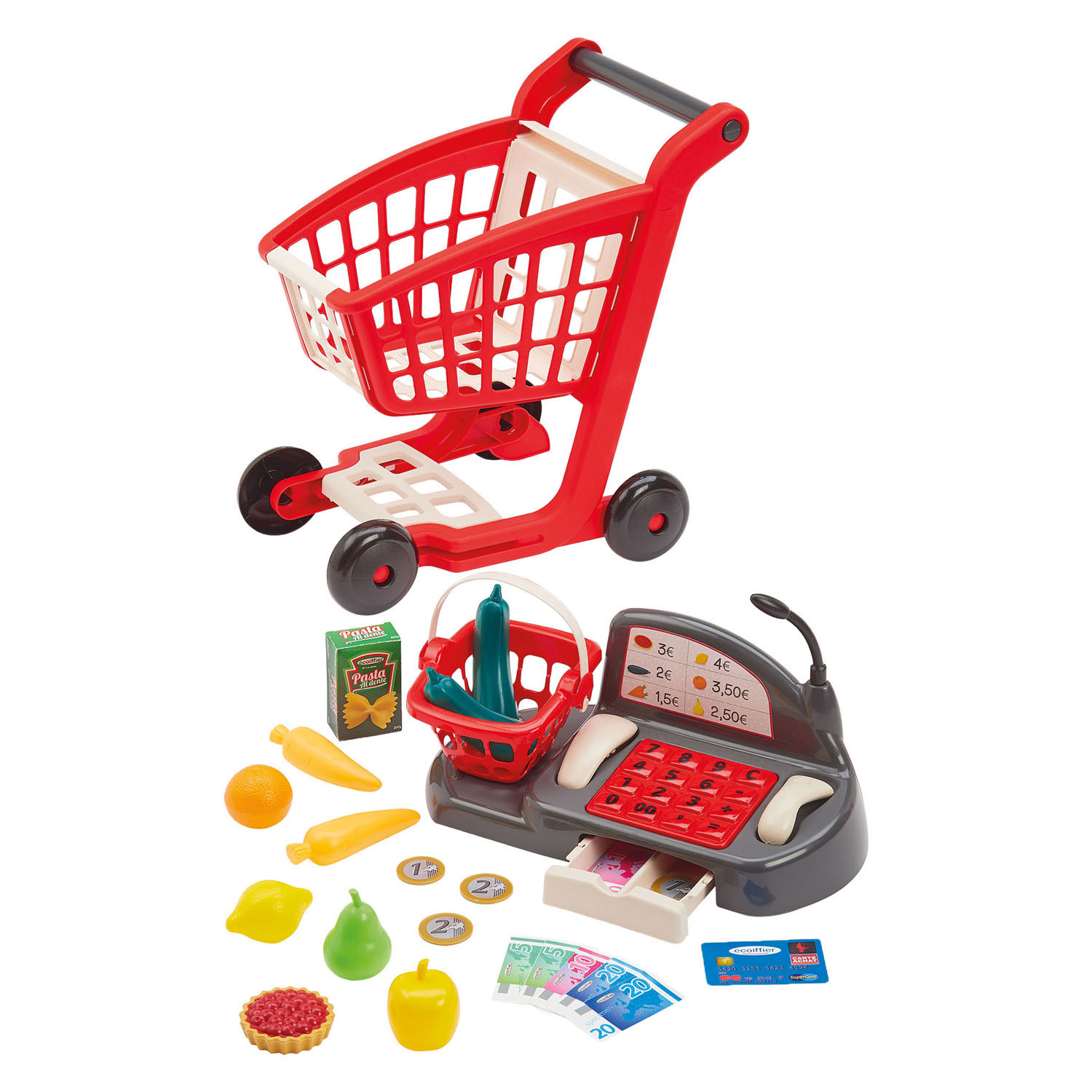 Chariot de courses et caisse enregistreuse Ecoiffier remplis - 26 pièces.