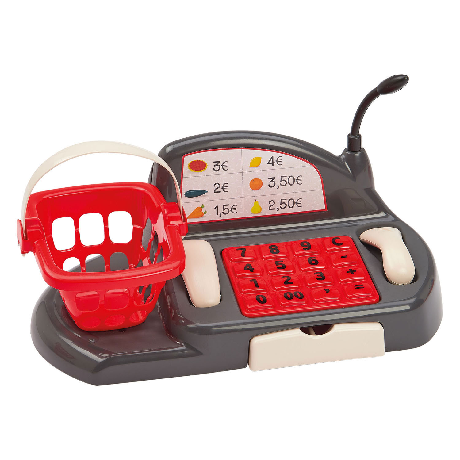 Chariot de courses et caisse enregistreuse Ecoiffier remplis - 26 pièces.