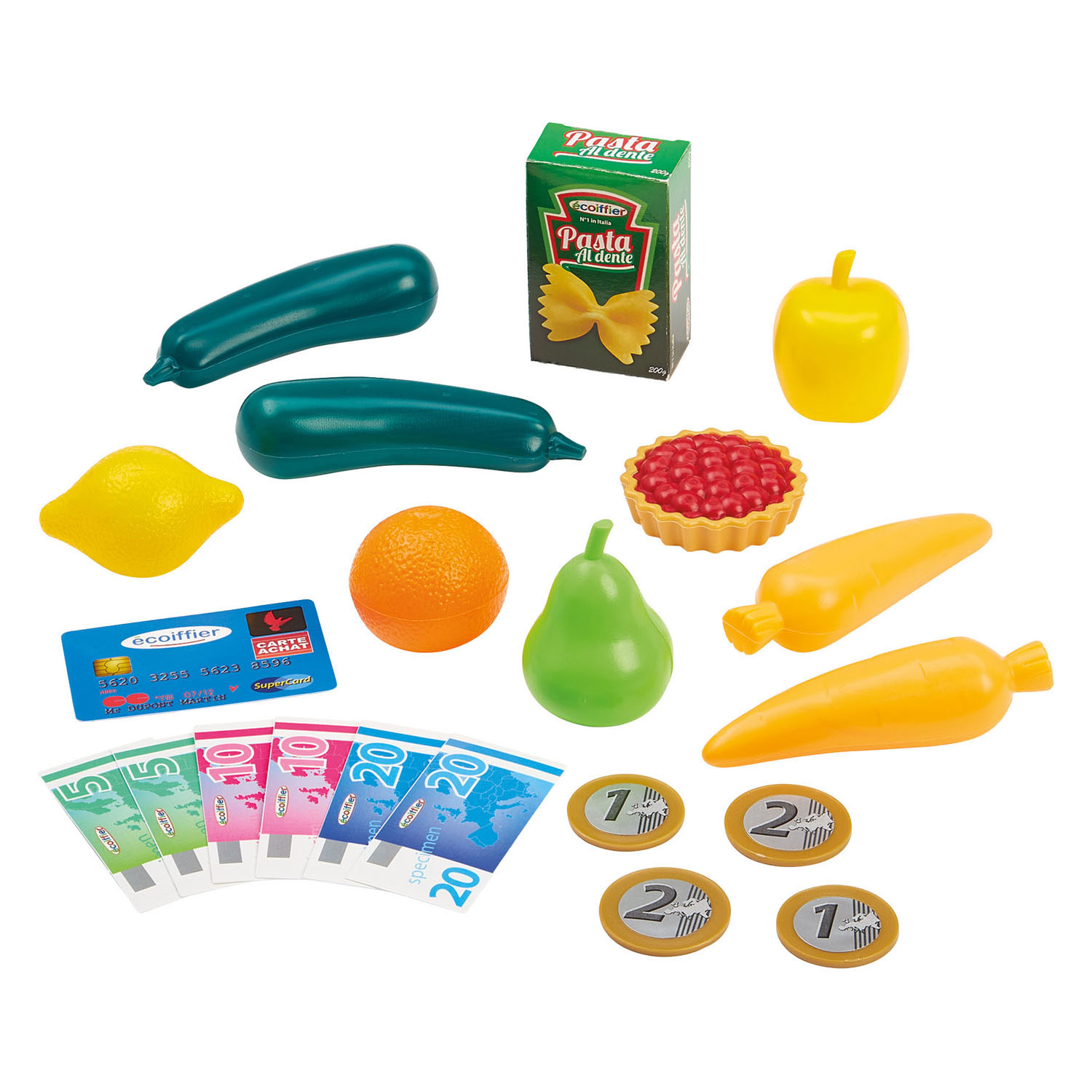 Chariot de courses et caisse enregistreuse Ecoiffier remplis - 26 pièces.