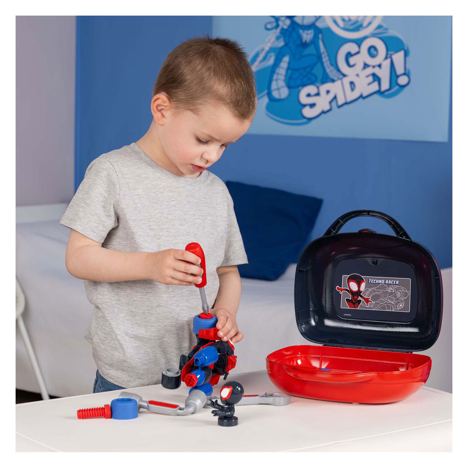 Smoby Spidey Spin Auto in Gereedschapskist, 14dlg.