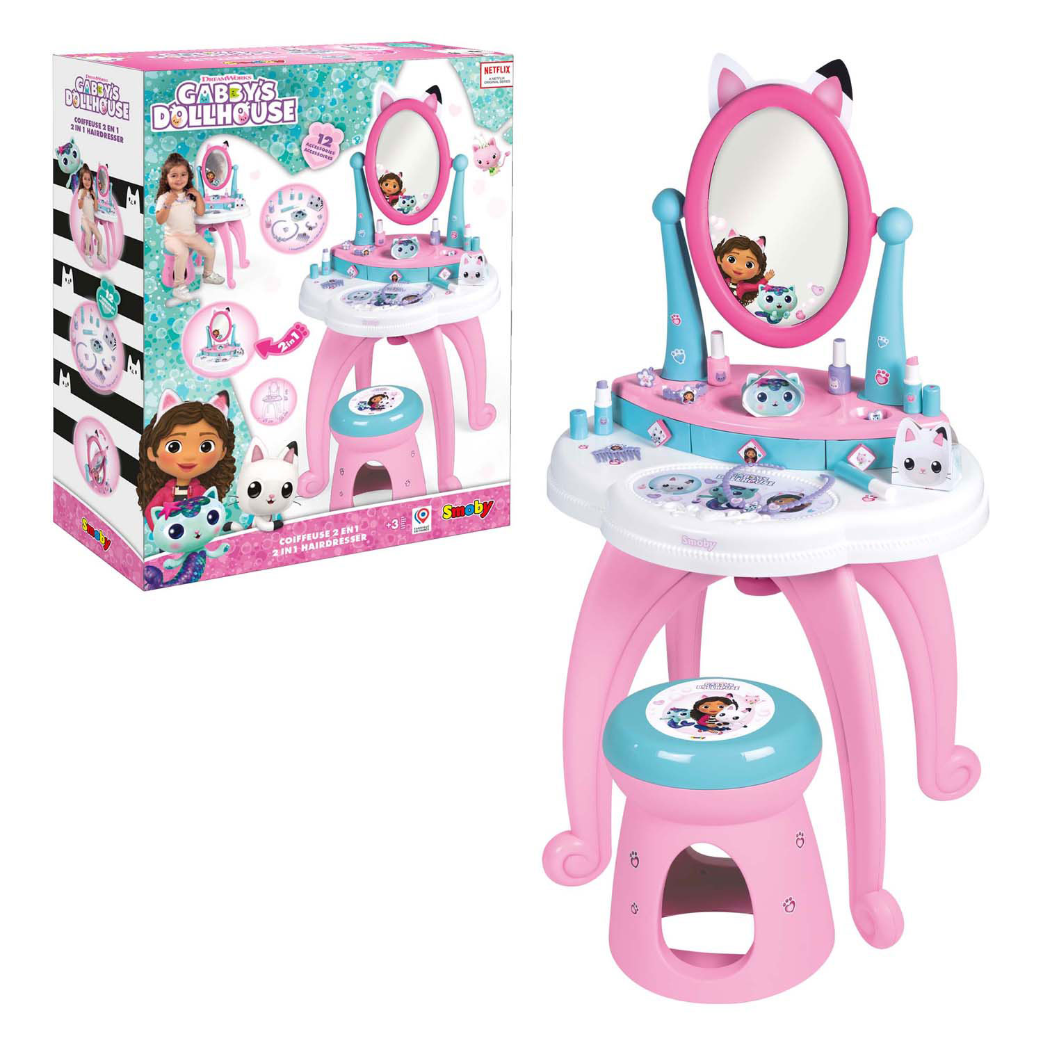 Smoby Gabby's Dollhouse 2in1 Schminktisch mit Hocker, 12-tlg.