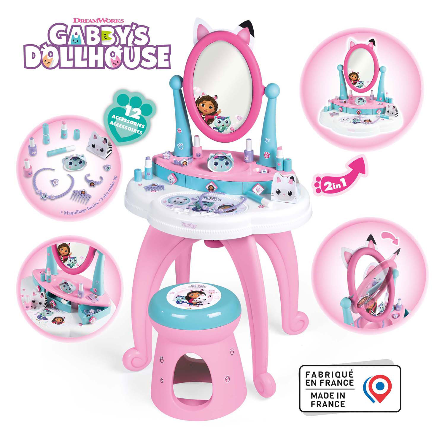 Smoby Gabby's Dollhouse 2in1 Schminktisch mit Hocker, 12-tlg.