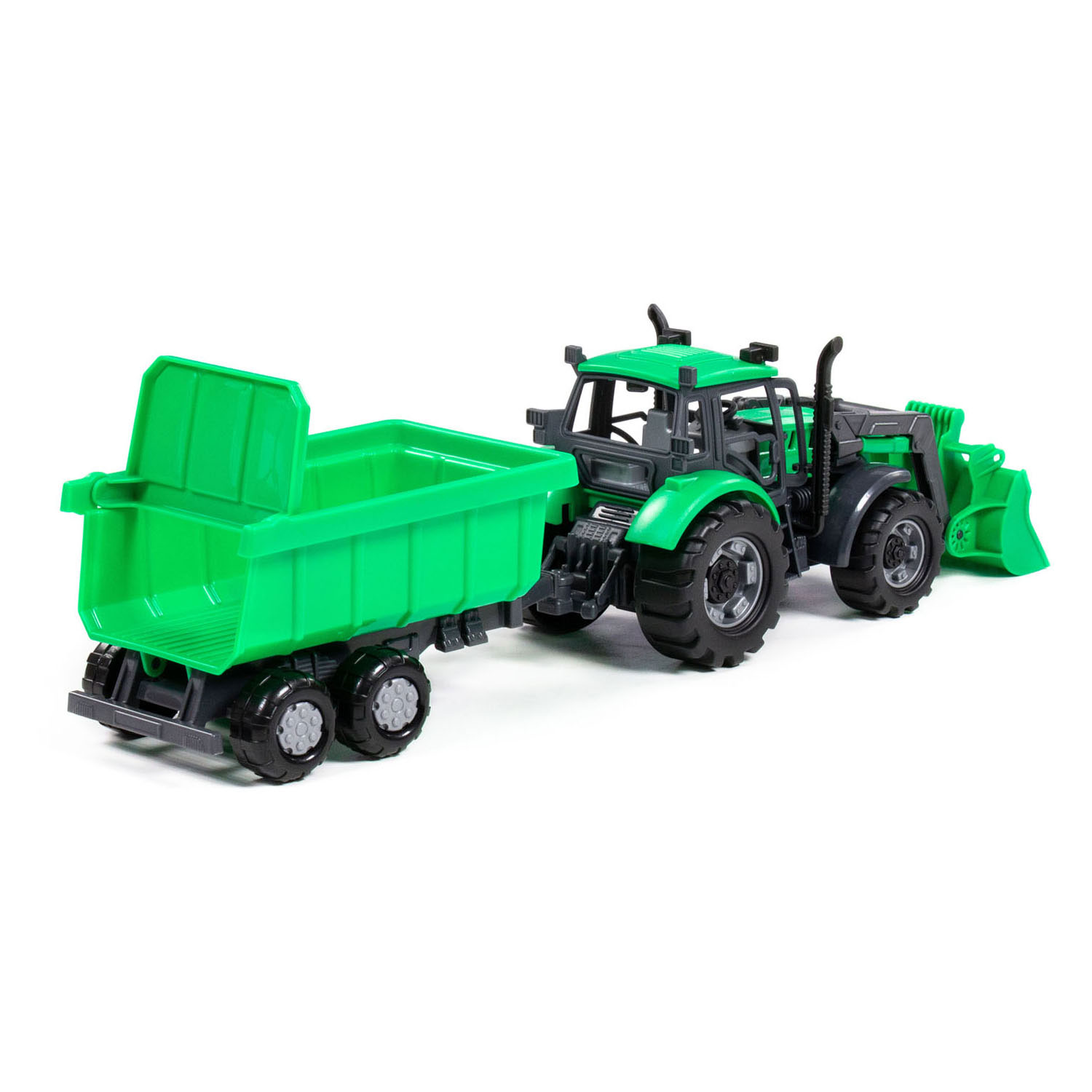 Cavallino Traktor mit Lader und Anhänger, Kipper, grün, Maßstab 1:32
