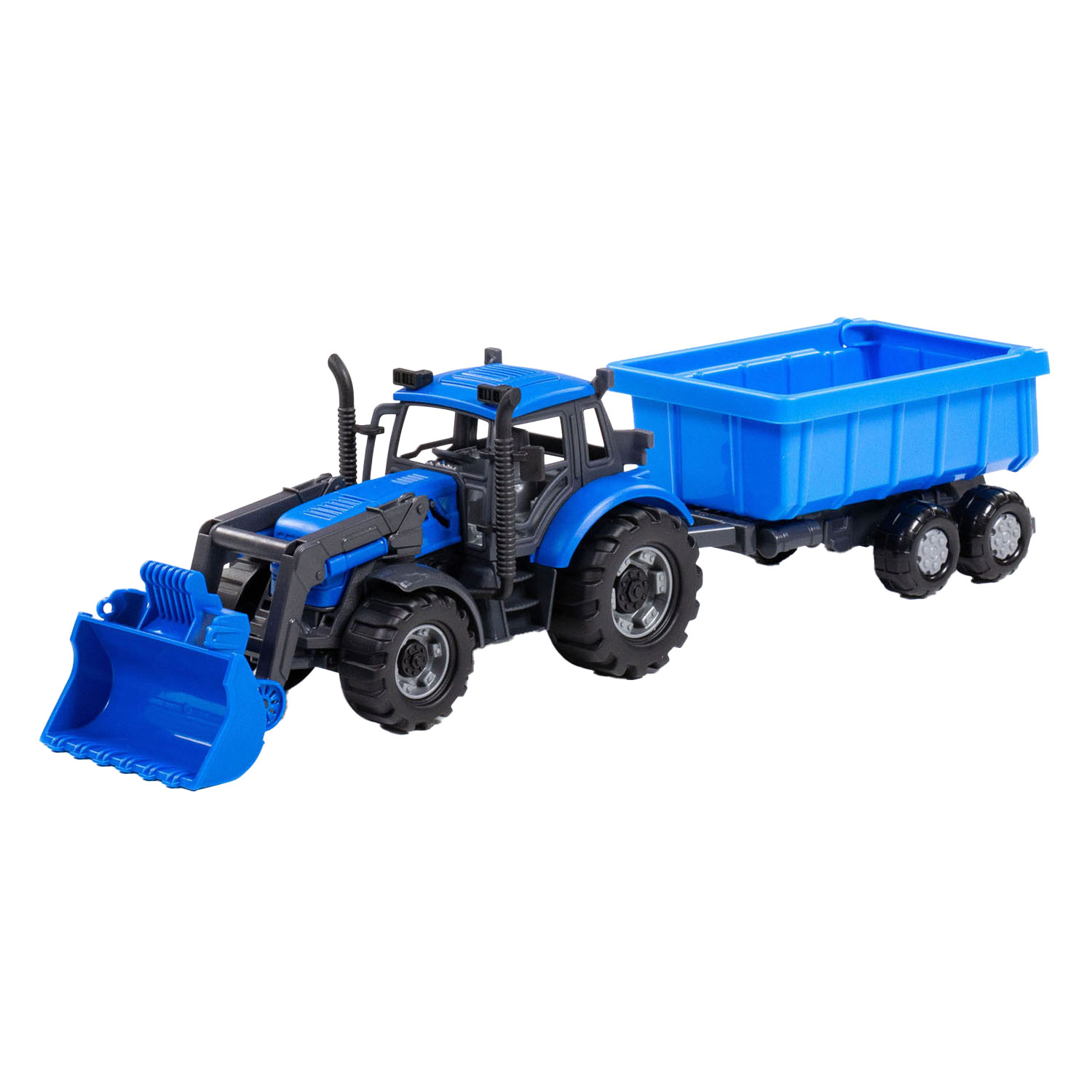 Tracteur Cavallino avec chargeur et remorque benne basculante bleu, échelle 1:32