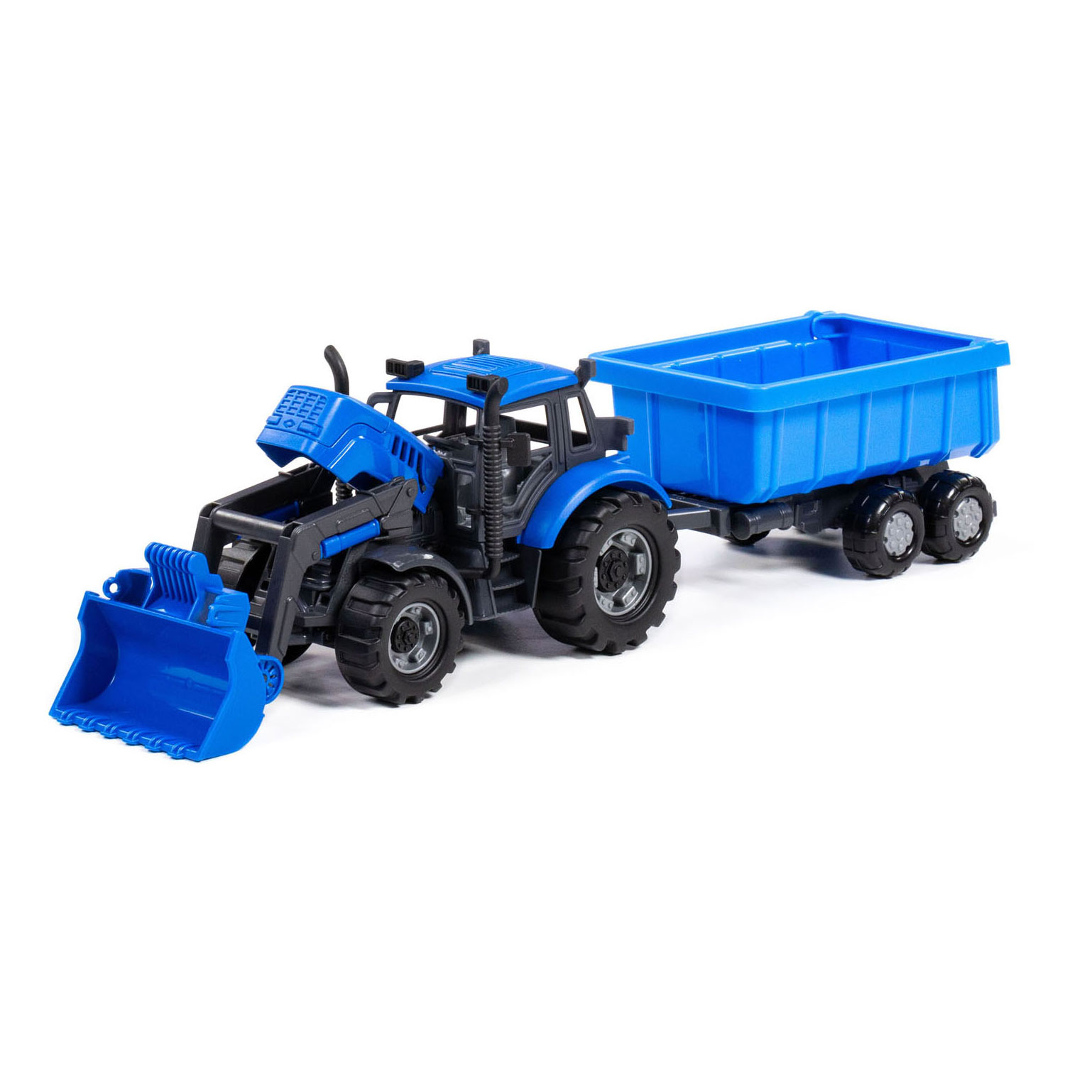 Cavallino Traktor mit Lader und Anhänger, Muldenkipper, blau, Maßstab 1:32