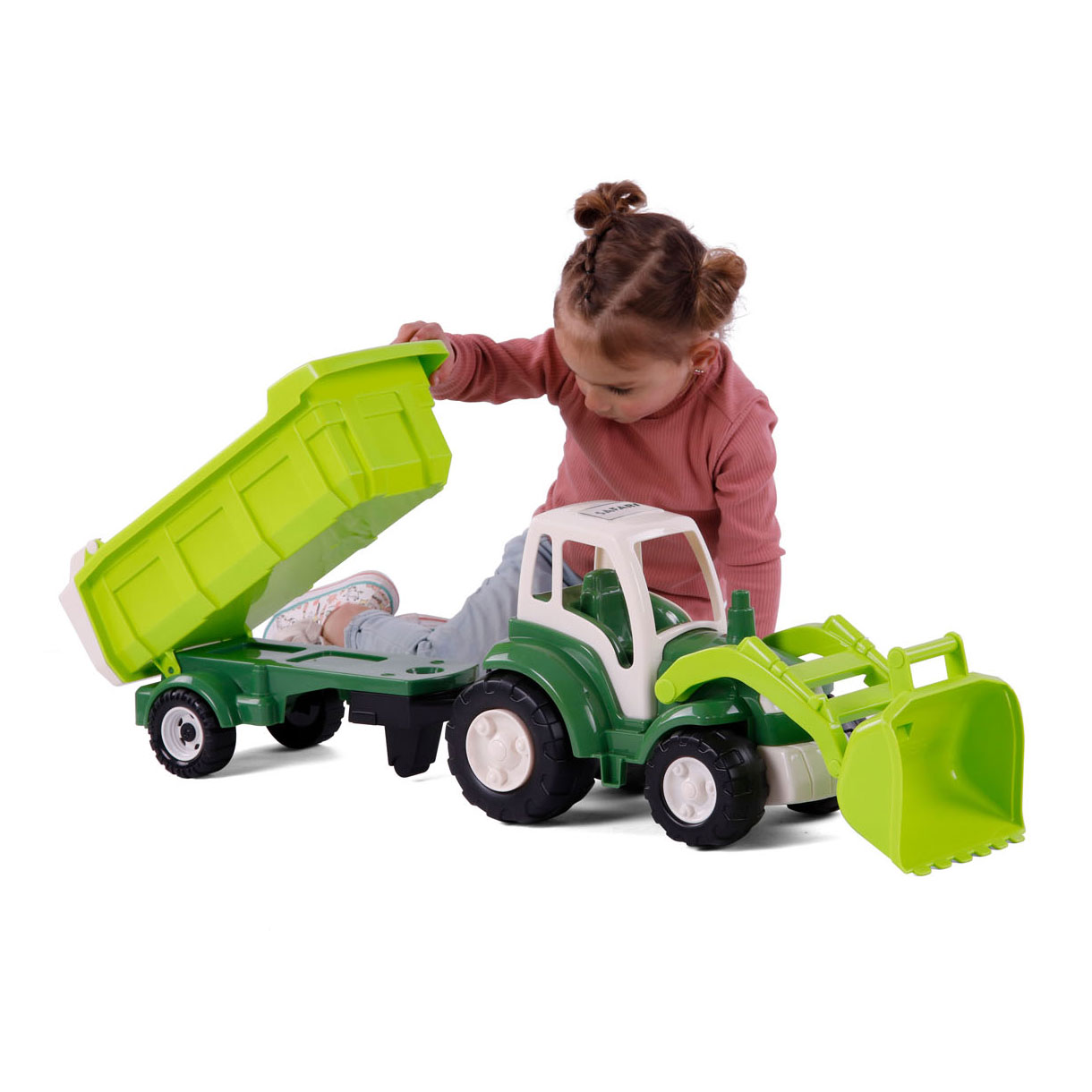Tracteur Cavallino XL vert avec remorque benne, 86,5 cm