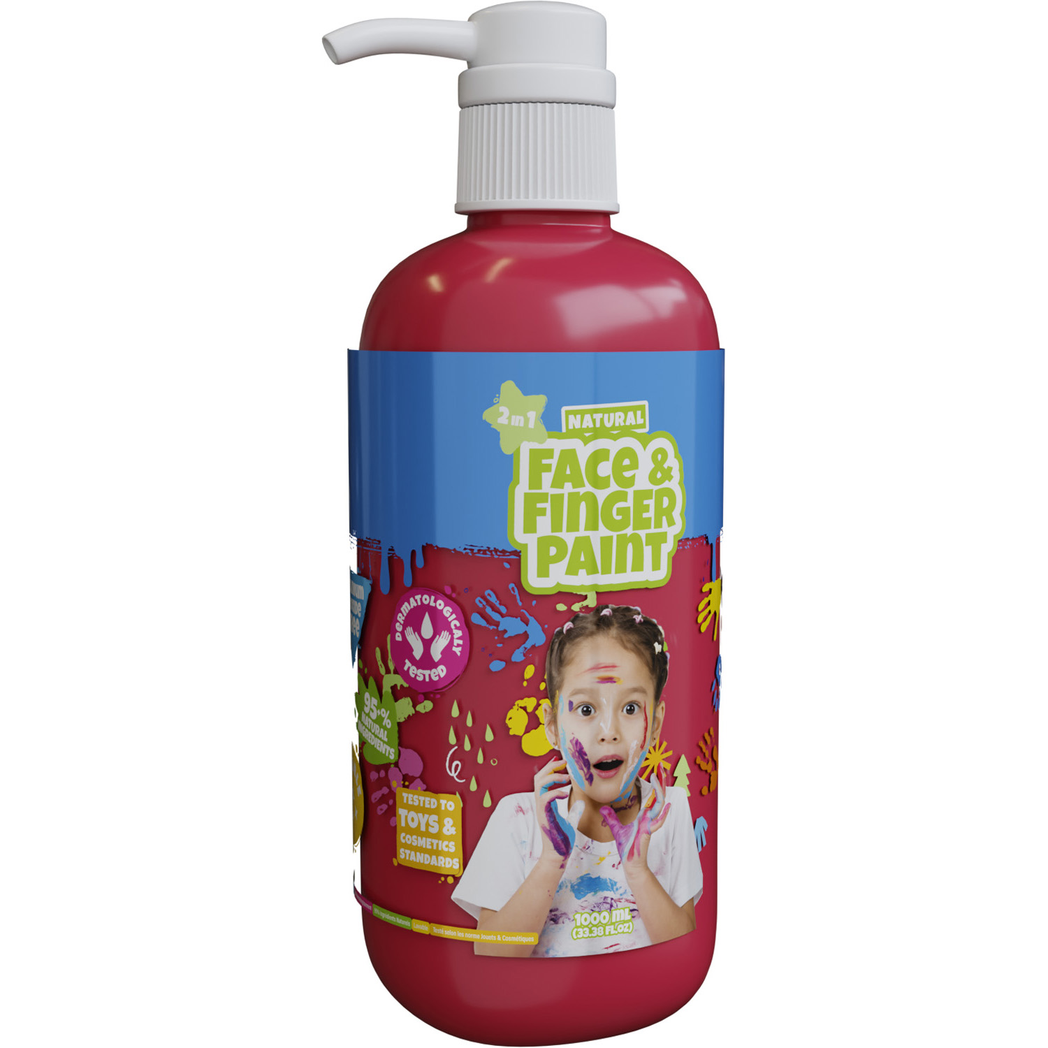 Natural Face & Fingerpaint Fles met Pompje - Rood, 1L