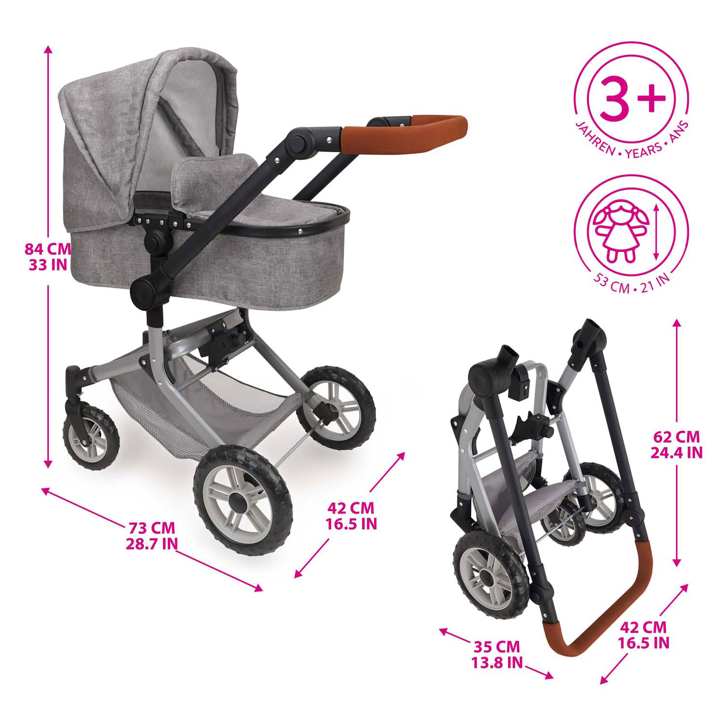 Landau pour poupée 2 en 1 avec sac - Gris