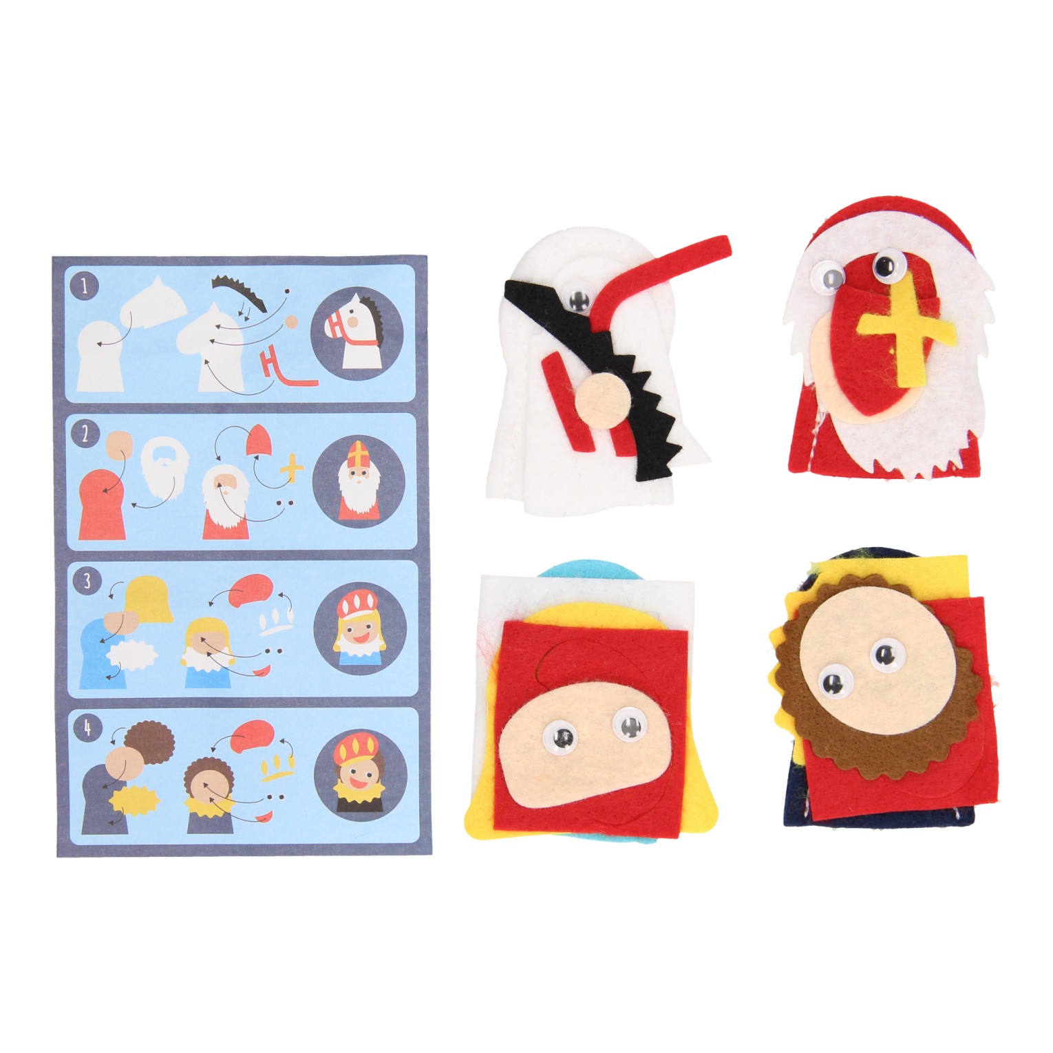 Fabriquez vos propres marionnettes à doigts en feutre Sinterklaas, 4 pièces.