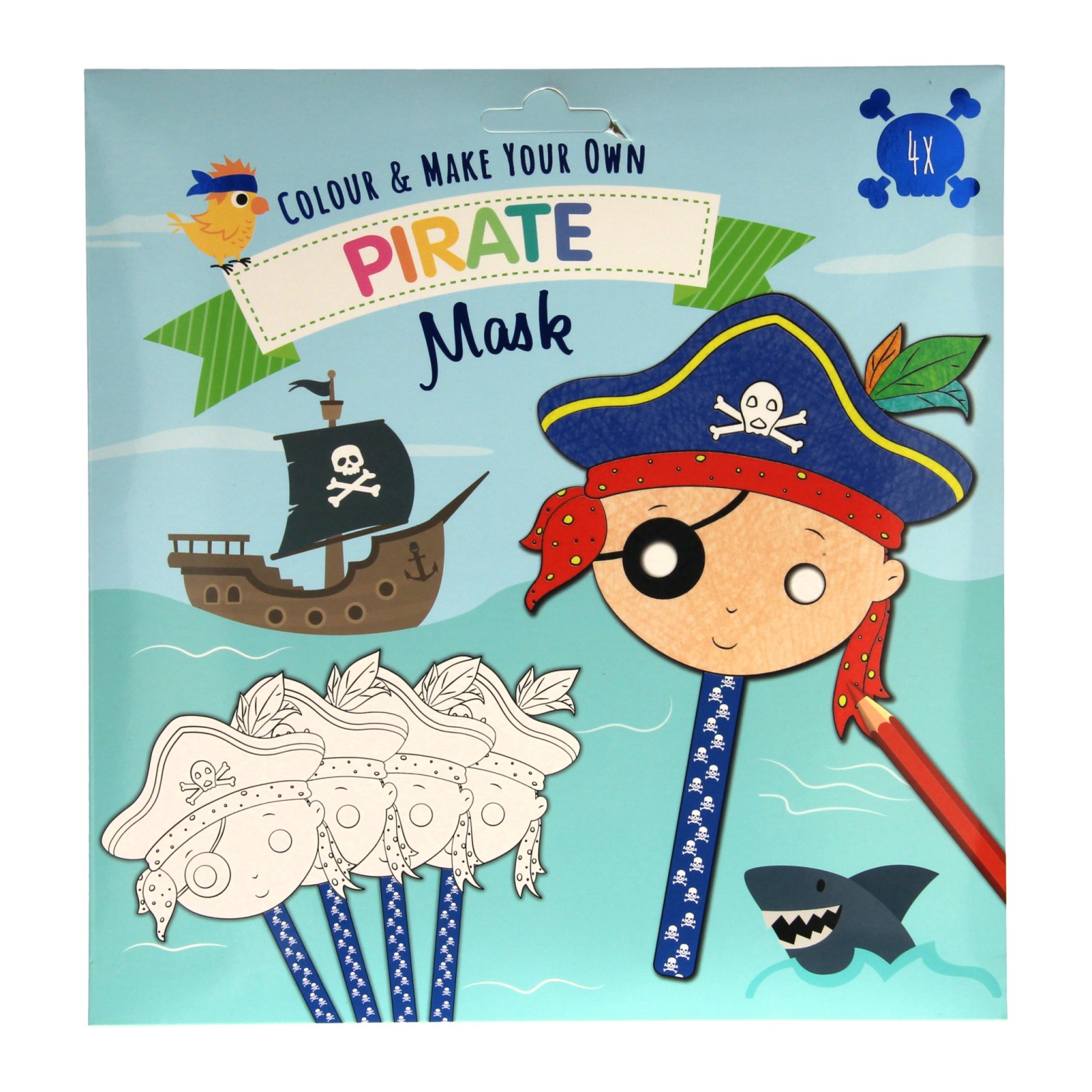 Färben und gestalten Sie Ihre eigenen Masken – Pirat, 4 Stück.