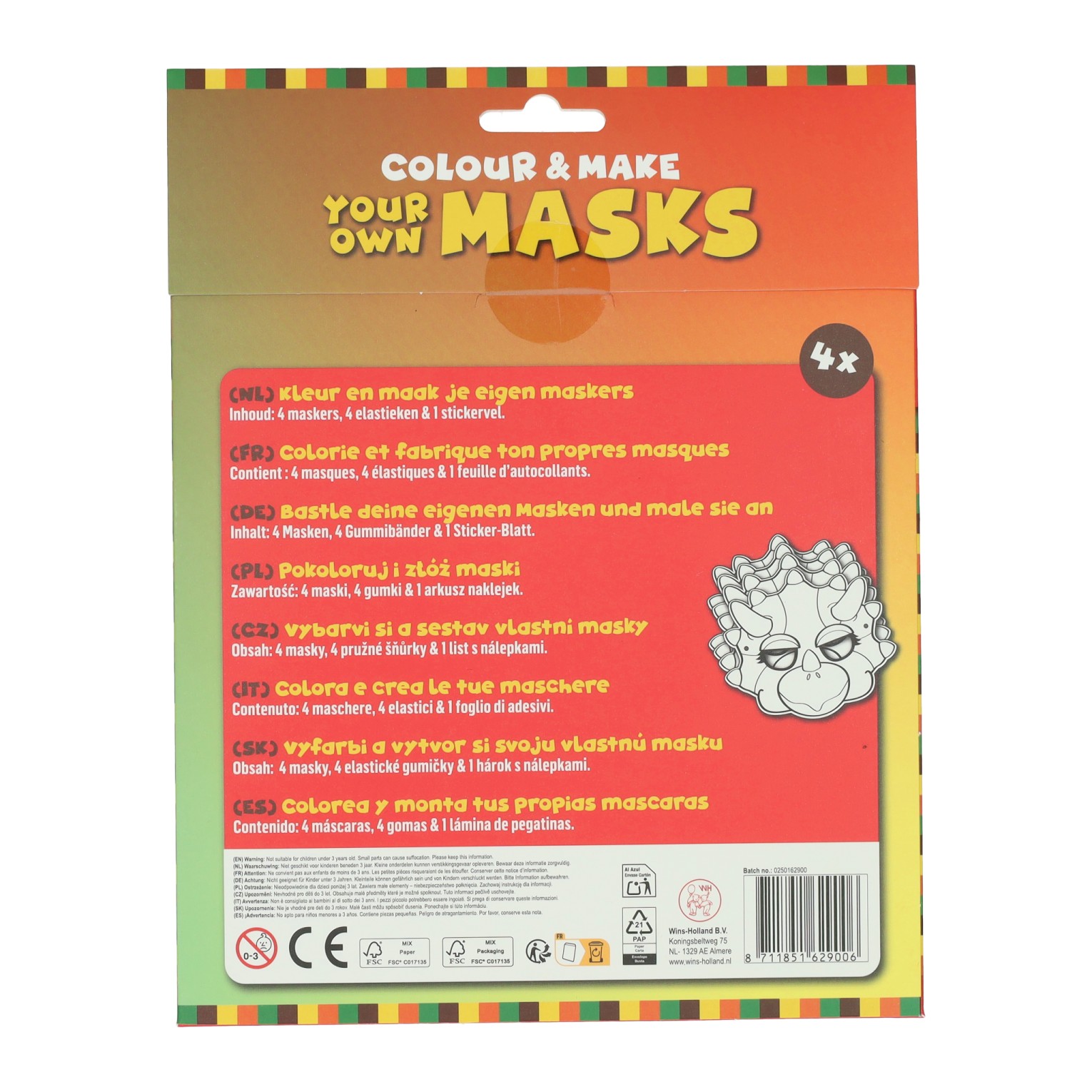 Kleur je eigen Masker Dino - 4 Maskers