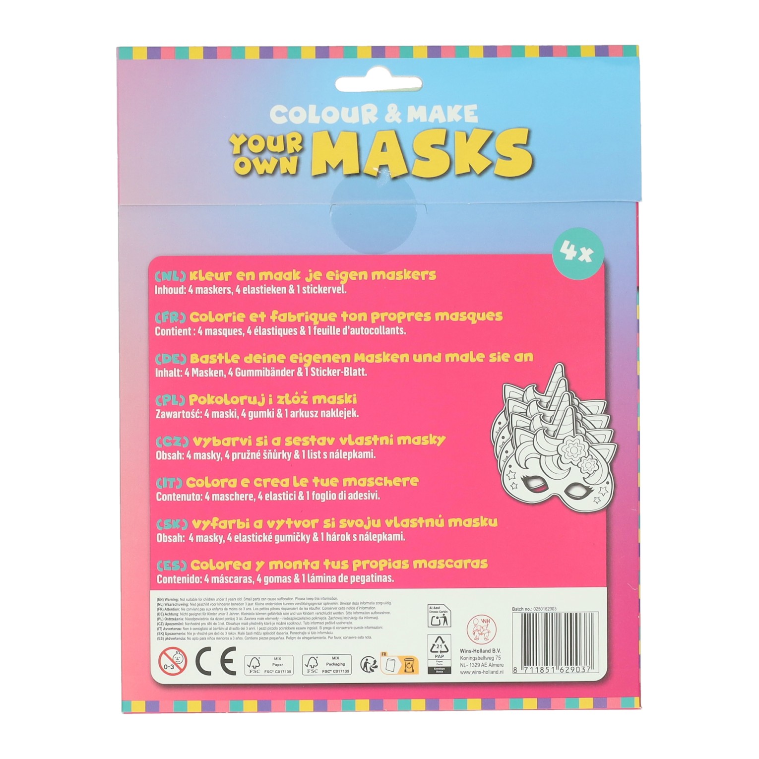 Kleur je eigen Masker Eenhoorn - 4 Maskers