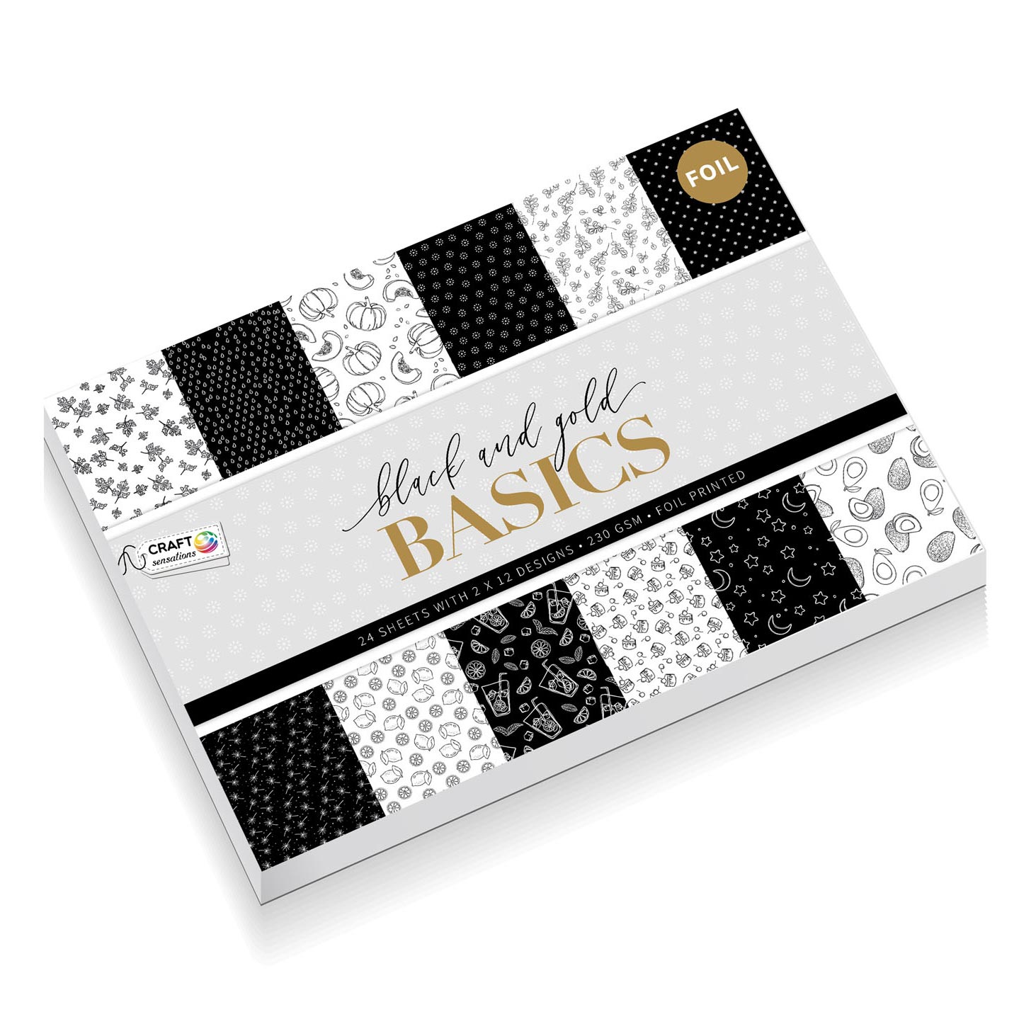 Bastelkarton mit Folie, 24 Blatt – Black and Gold Basics
