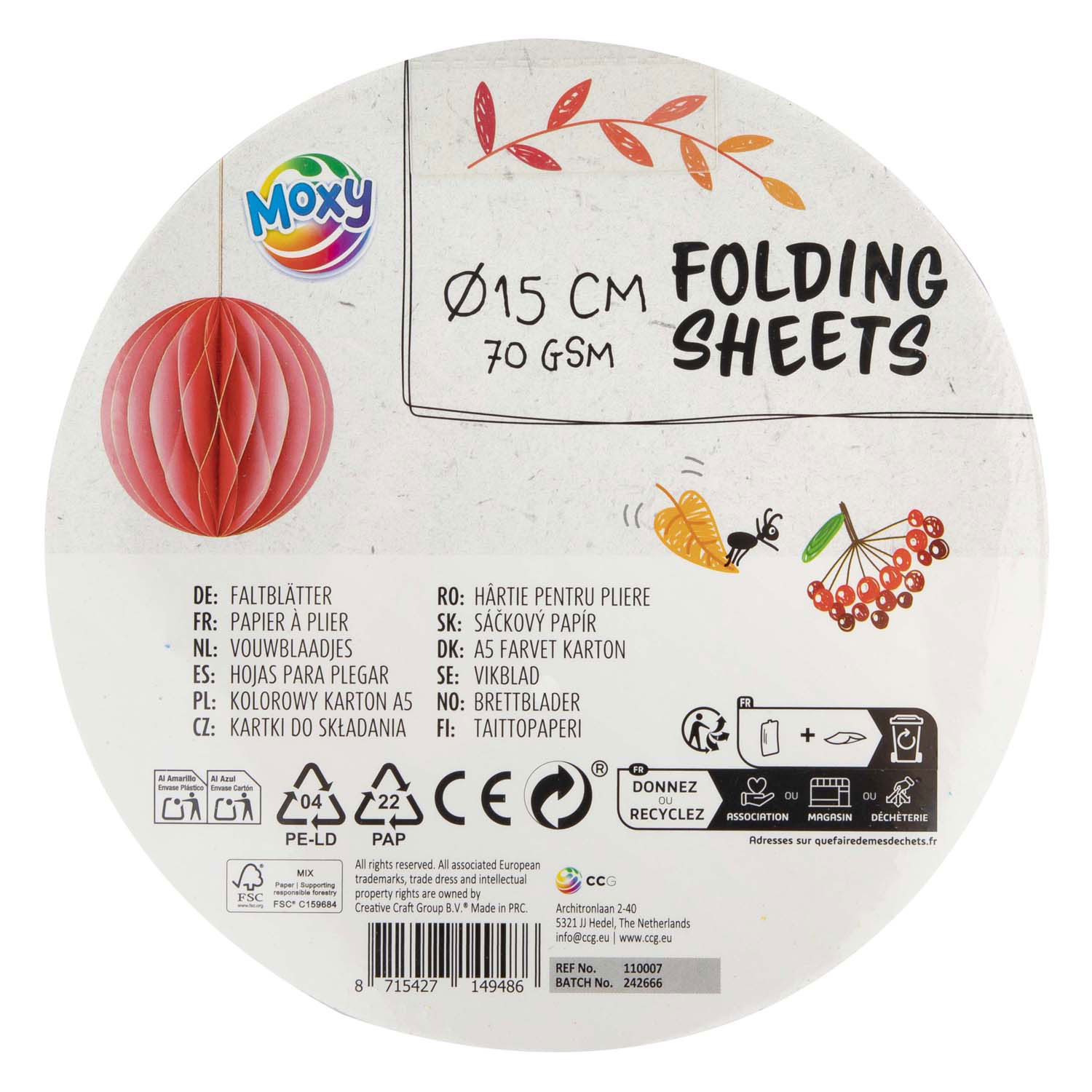 Vouwblaadjes Rond 15cm, 100 Vellen 10 Kleuren