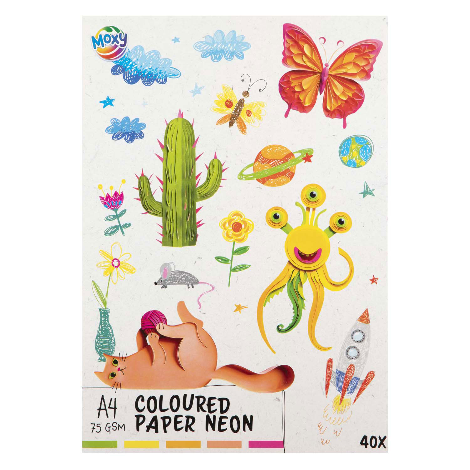 Gekleurd Papier fluor A4, 40 Vellen 5 Kleuren