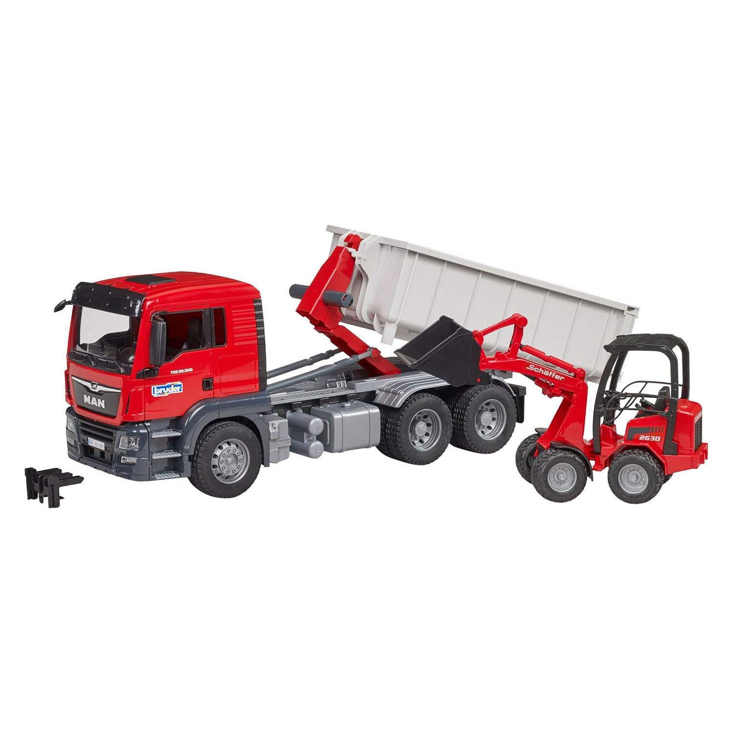 Bruder MAN TGS met Afrolcontainer en Schaffer Hoflader - 1:16