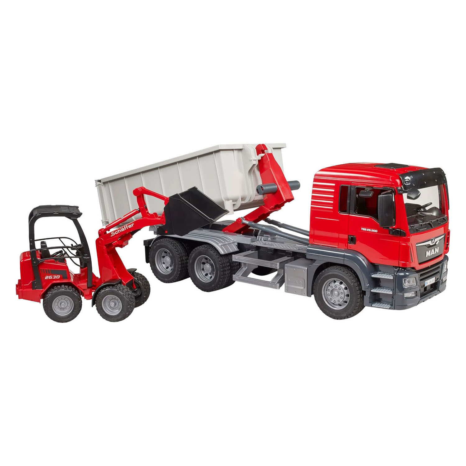Bruder MAN TGS met Afrolcontainer en Schaffer Hoflader - 1:16