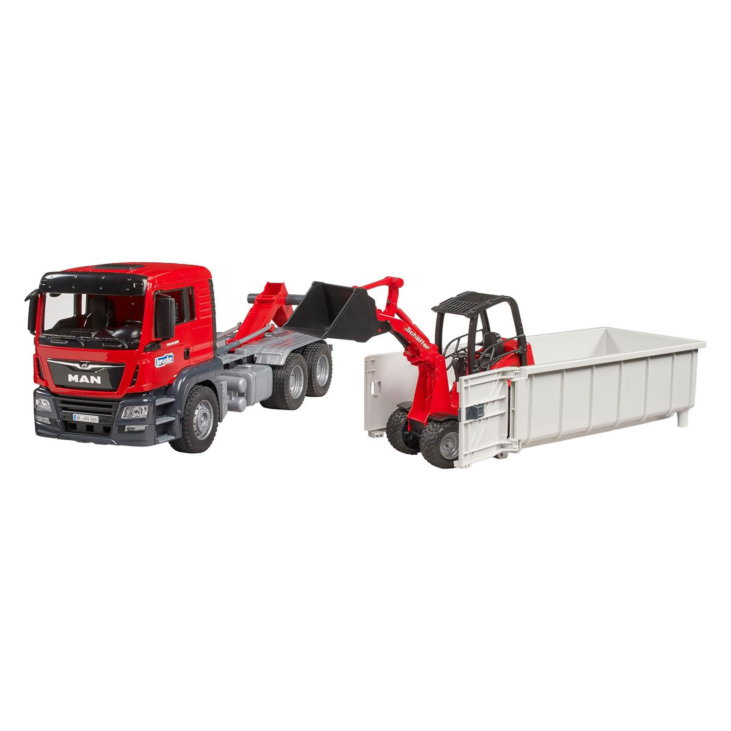 Bruder MAN TGS met Afrolcontainer en Schaffer Hoflader - 1:16