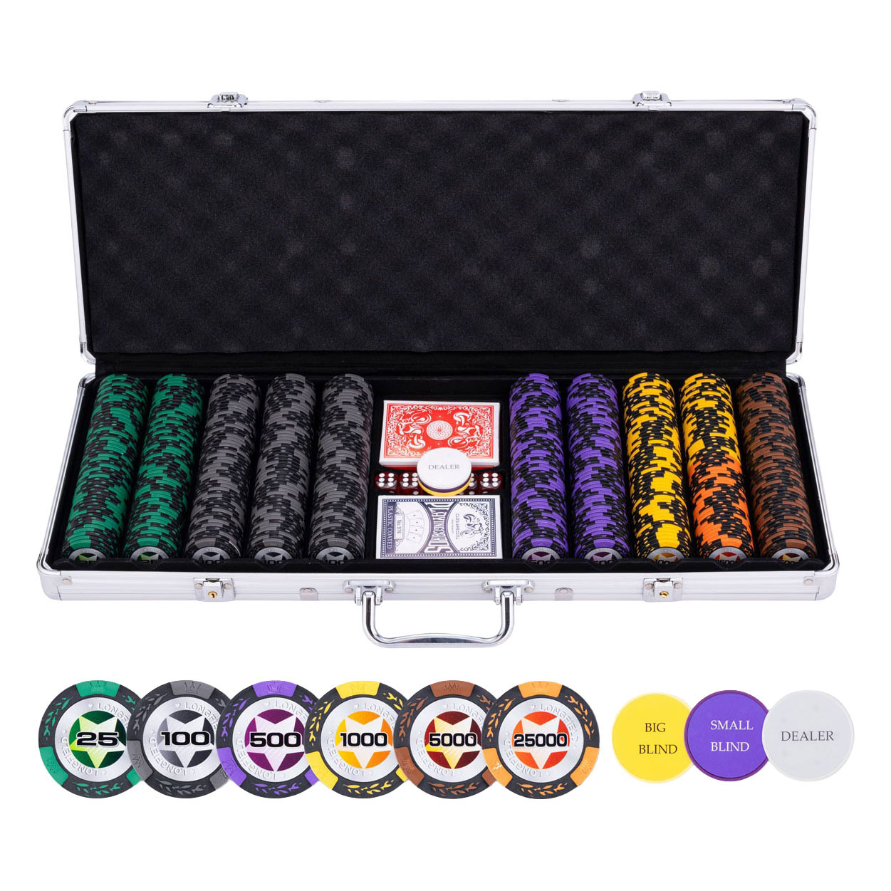 Pokerset in Zilveren Koffer - High Stake 500 chips 14gr.