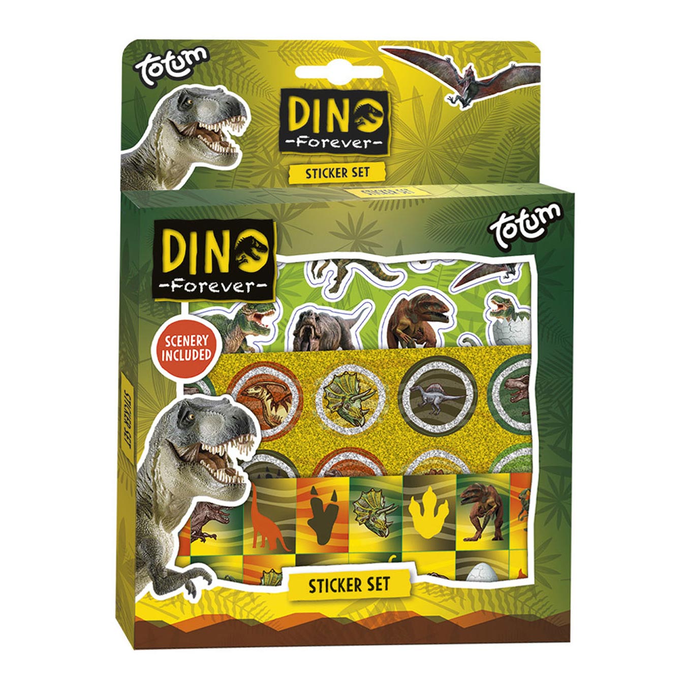 Totum Dino stickerset dinosaurus stickers - 3 vellen en speelachtergrond