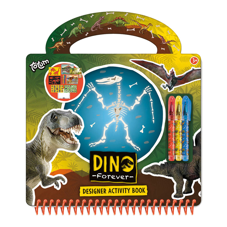 Totum Dino Forever designer doeboek tekenen schrijven en stickeren hardcover boekje met dinosaurus thema - 30 delig incl. stickers sjablonen en mini gelpennen