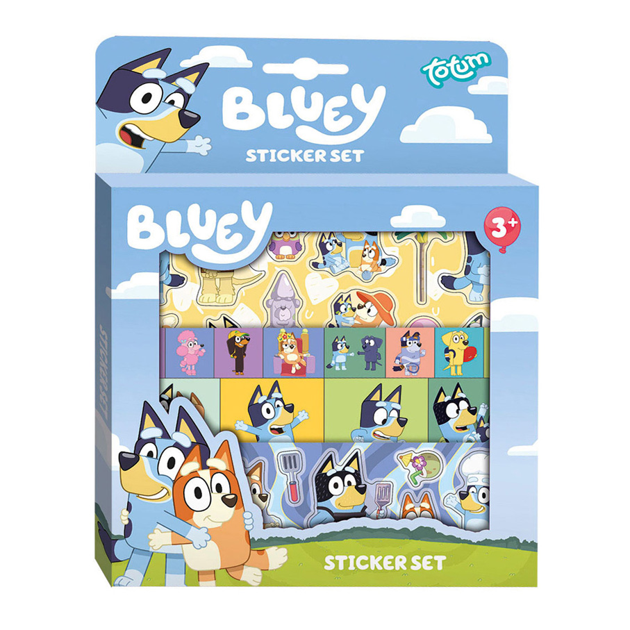 Totum Bluey stickers met speelachtergrond - stickerset universele stickers - 3 vellen en speeldecor