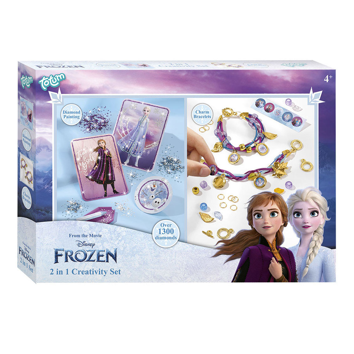 Totum Disney Frozen knutselen 2 in 1 set fashion armbandjes maken en diamond painting glitter kaarten 2 activiteiten