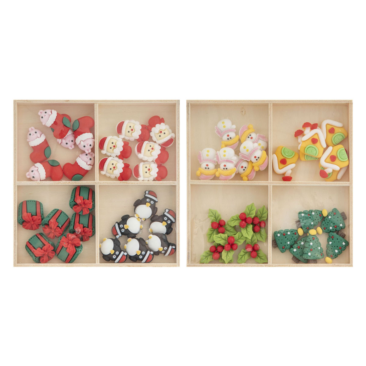 Figurines de Noël en résine dans une boîte en bois - 24 pièces.