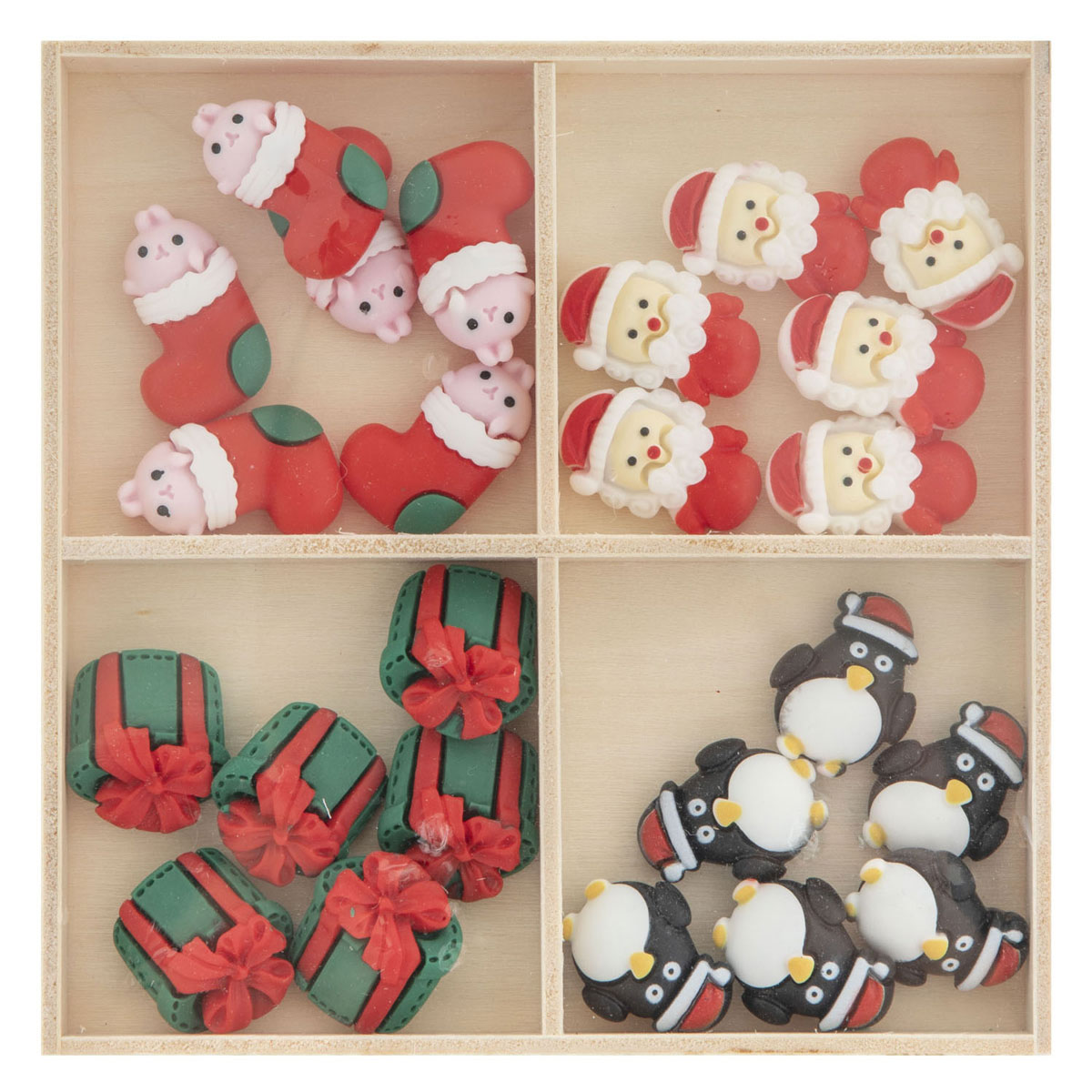 Figurines de Noël en résine dans une boîte en bois - 24 pièces.