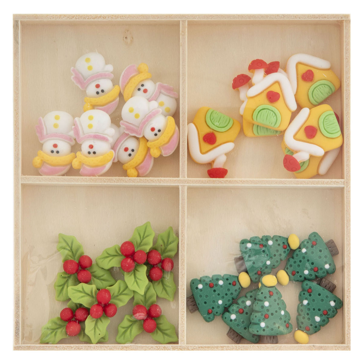 Figurines de Noël en résine dans une boîte en bois - 24 pièces.