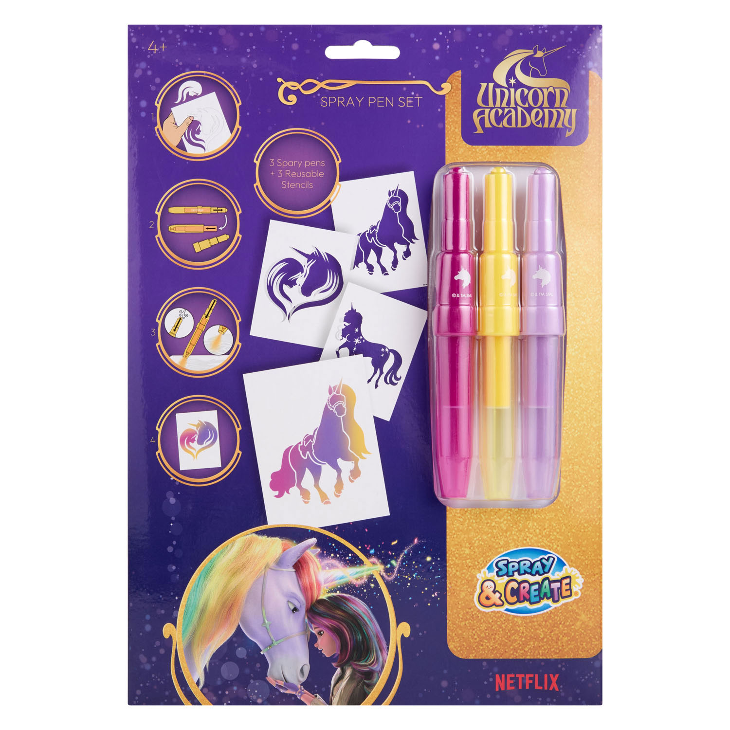 Unicorn Academy 3 Blaaspennen met Herbruikbare Sjablonen