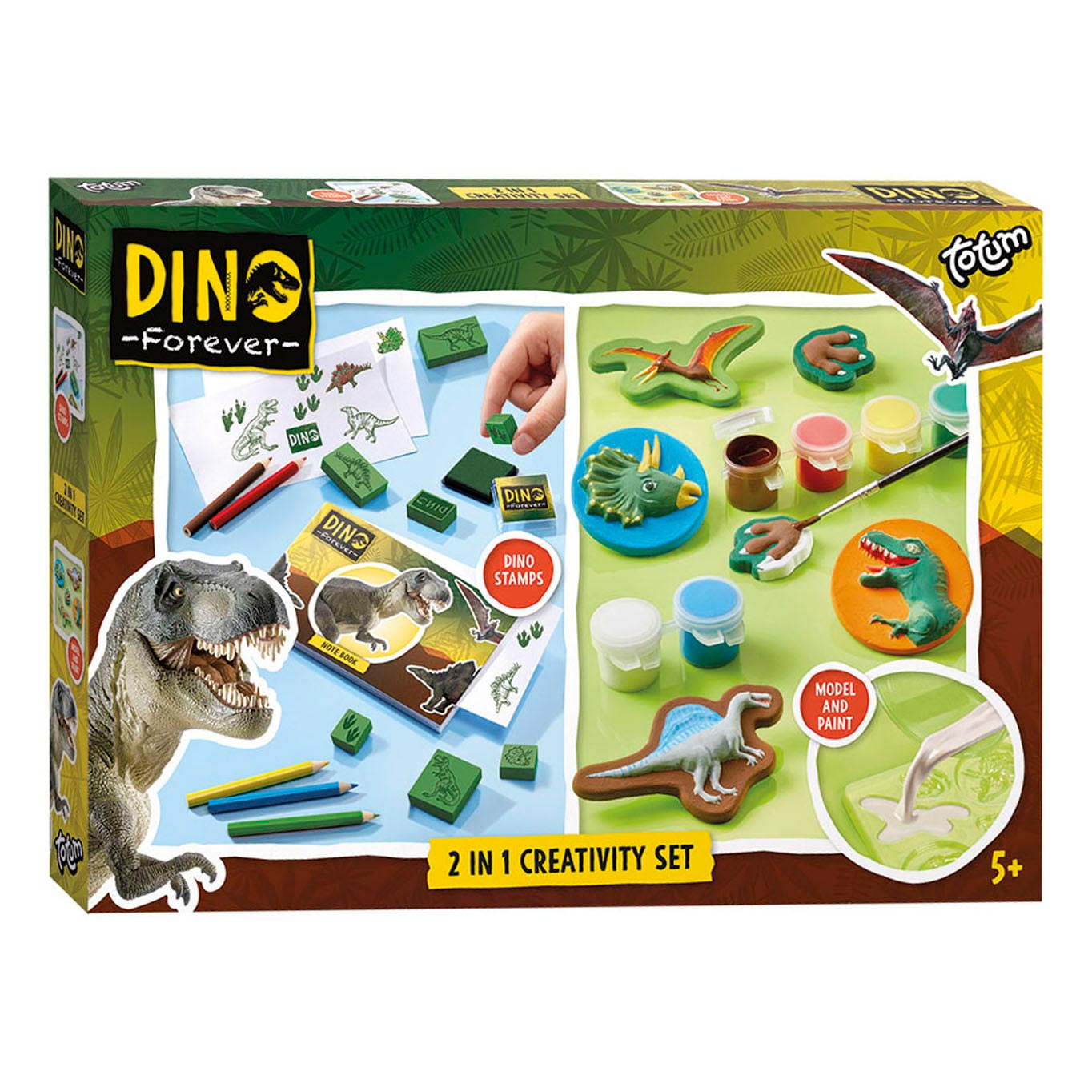 Totum junior - 2-in-1 set - Dino knutselen - dinosaurus stempel- en kleurset en gipsen en beschilderen - educatief speelgoed