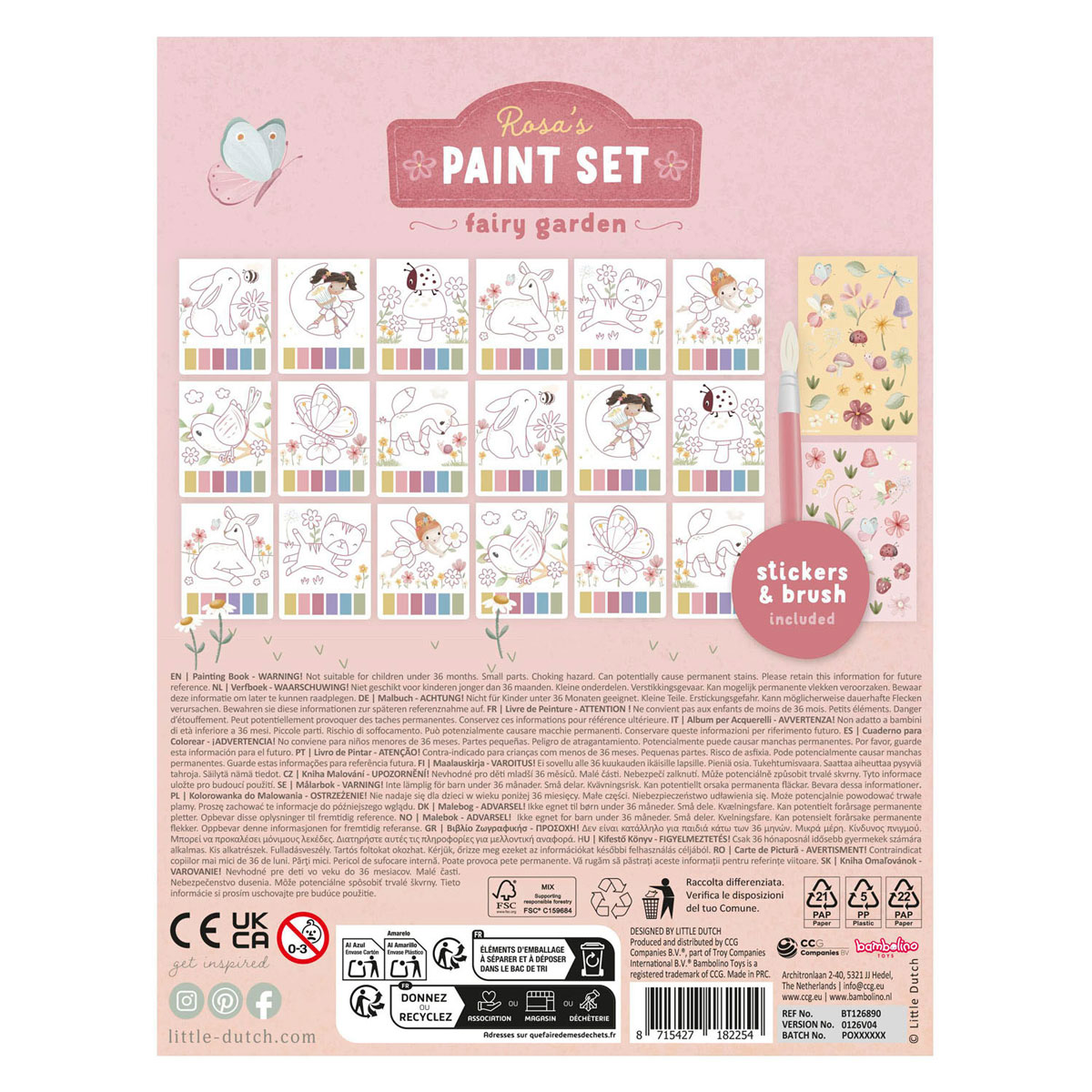 Coffret aquarelle Little Dutch « Jardin féerique de roses » - comprenant pinceau et autocollants