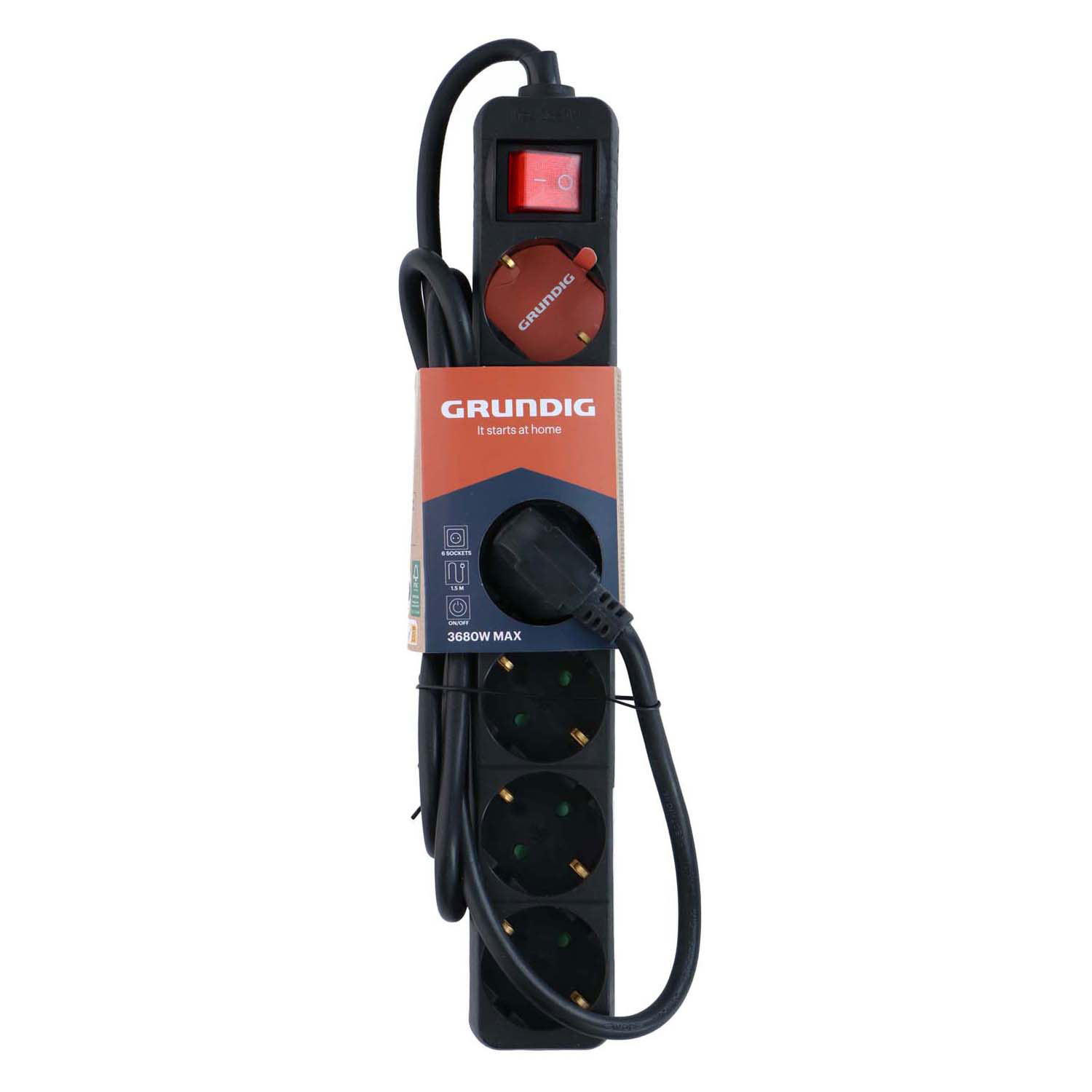 Multiprise Grundig à 6 prises avec interrupteur marche/arrêt, 1,5 m