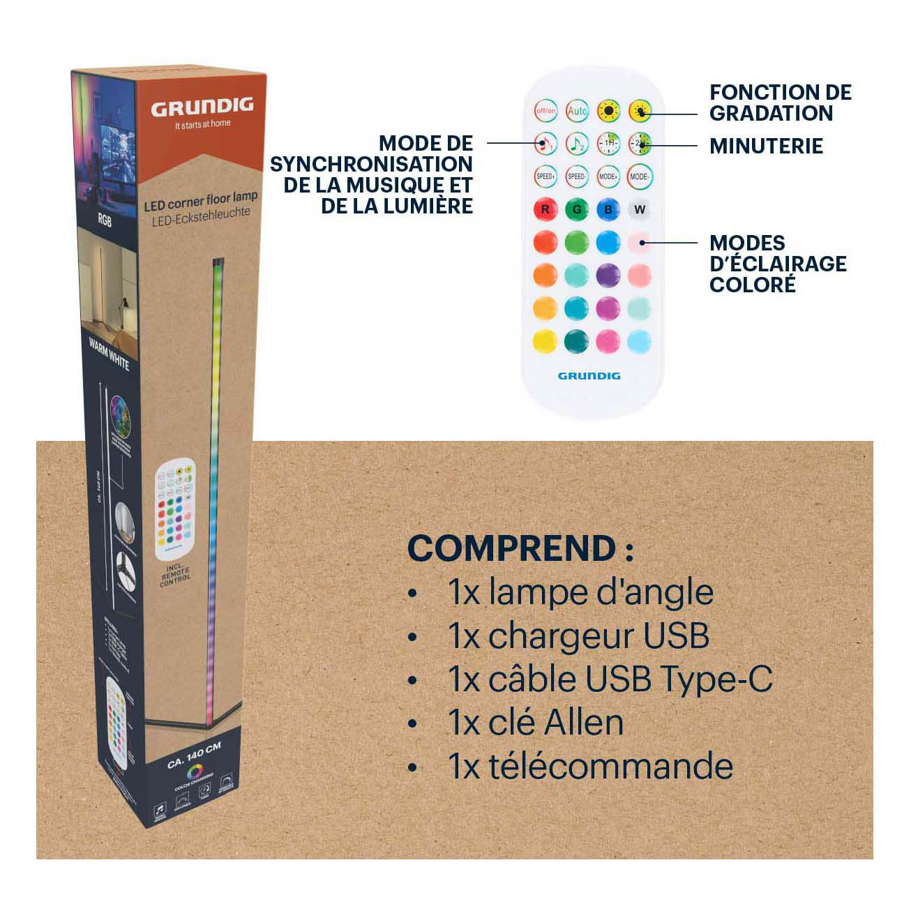 Lampe d'angle LED Grundig avec télécommande, 140 cm