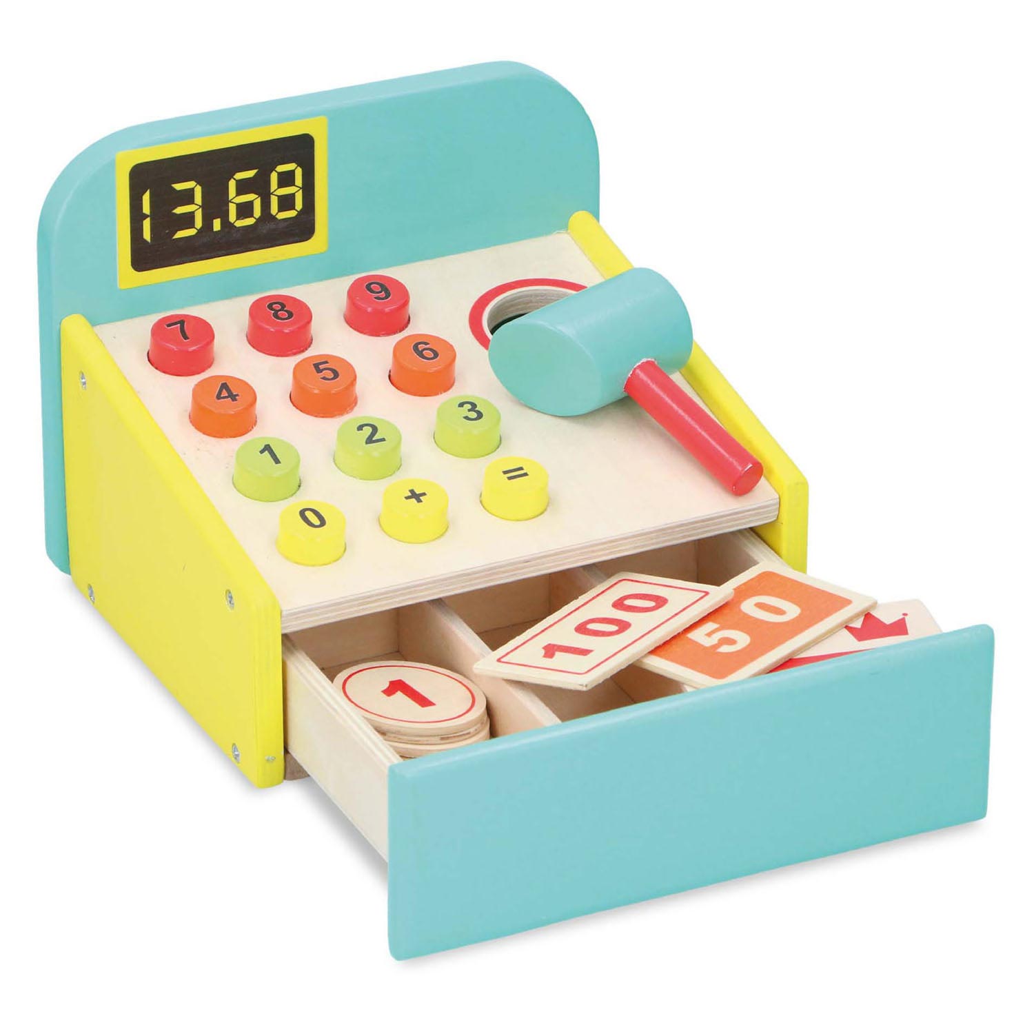 Caisse enregistreuse jouet en bois avec accessoires, 12 pcs.