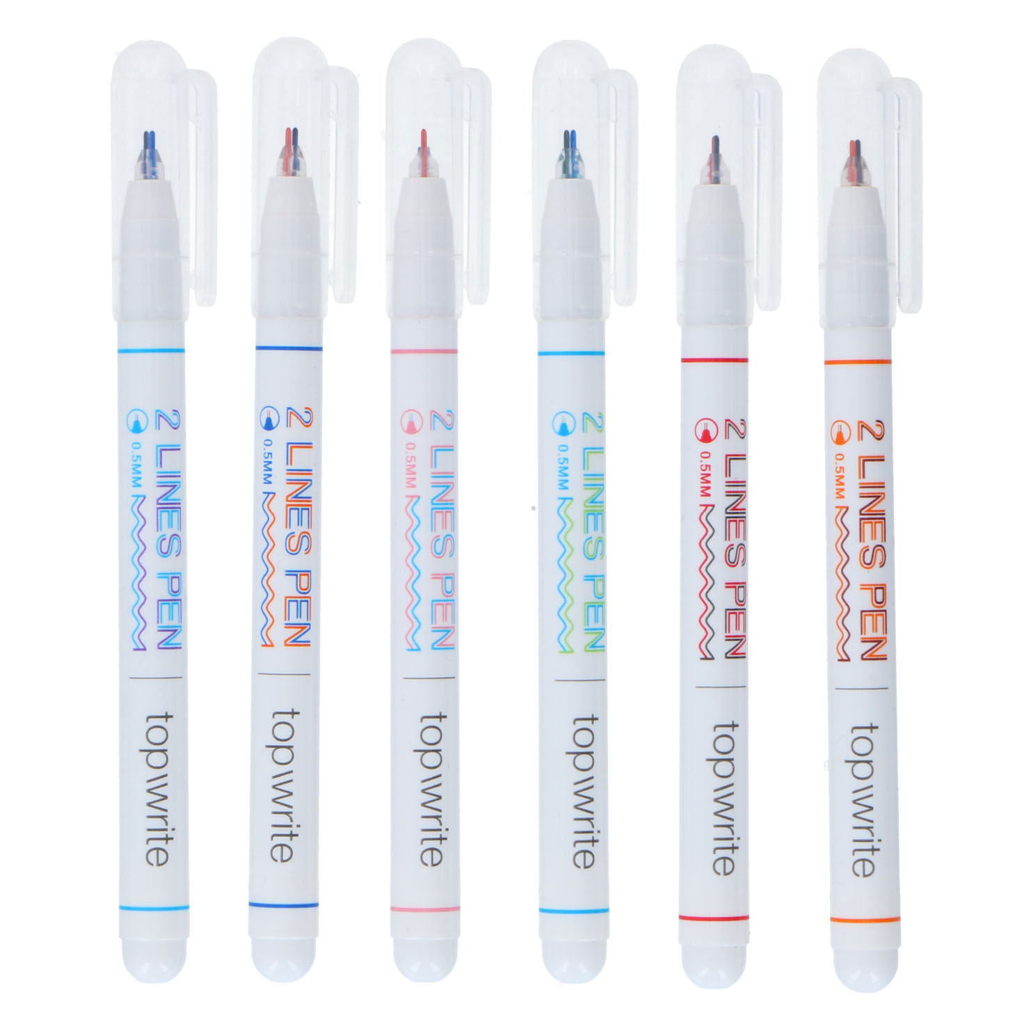 Top Write Pen Dubbele Line - 2 x 0.5 mm. - Meerkleurig - 6 Stuks